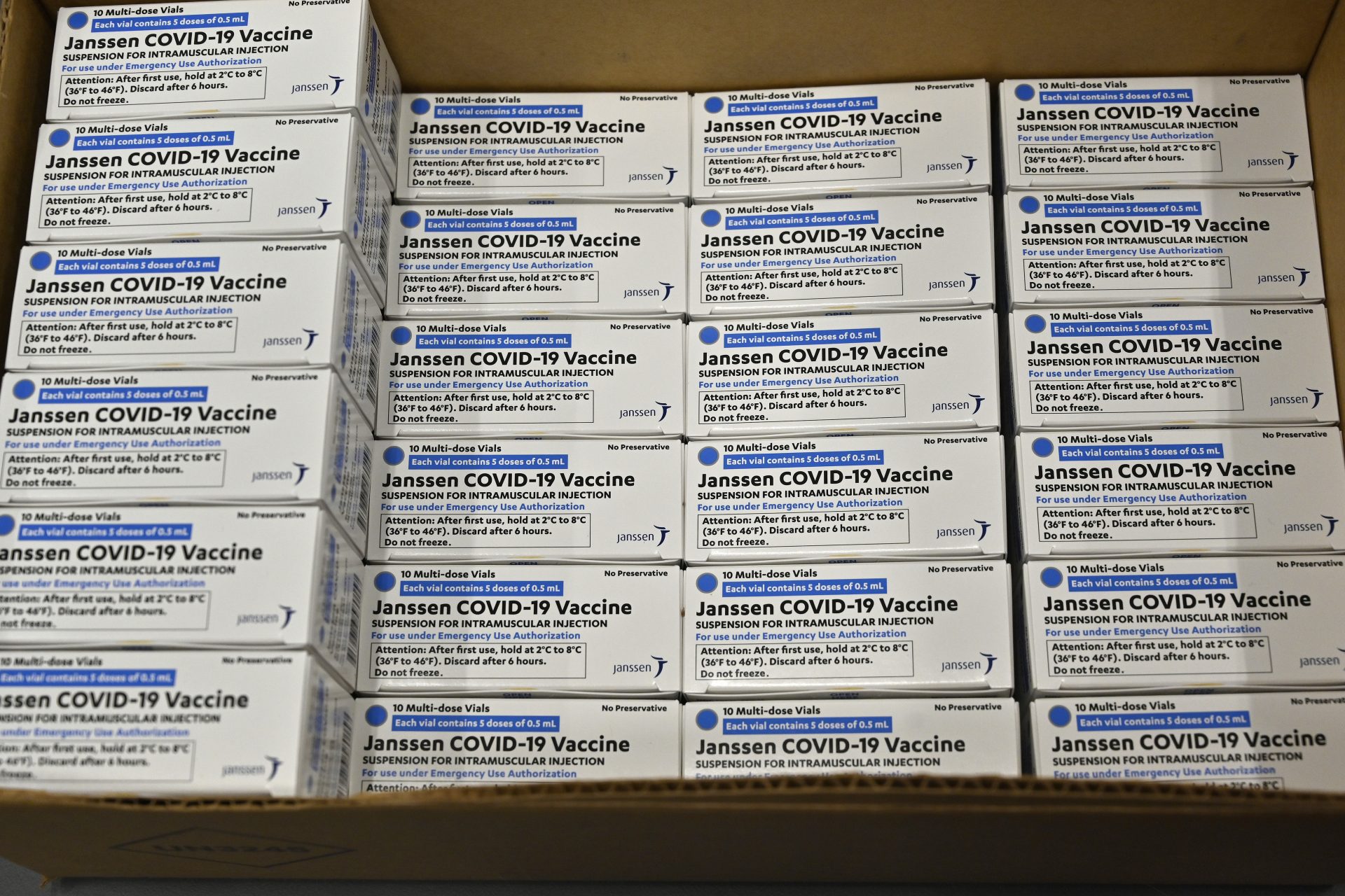 Boxes of the Johnson and Johnson COVID-19 vaccine are shown at the McKesson Corporation in Shepherdsville, Ky., Monday, March 1, 2021.