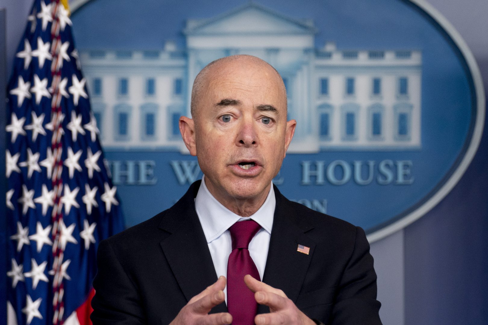 Homeland Security Secretary Alejandro Mayorkas speaks during a press briefing at the White House, Monday, March 1, 2021, in Washington.