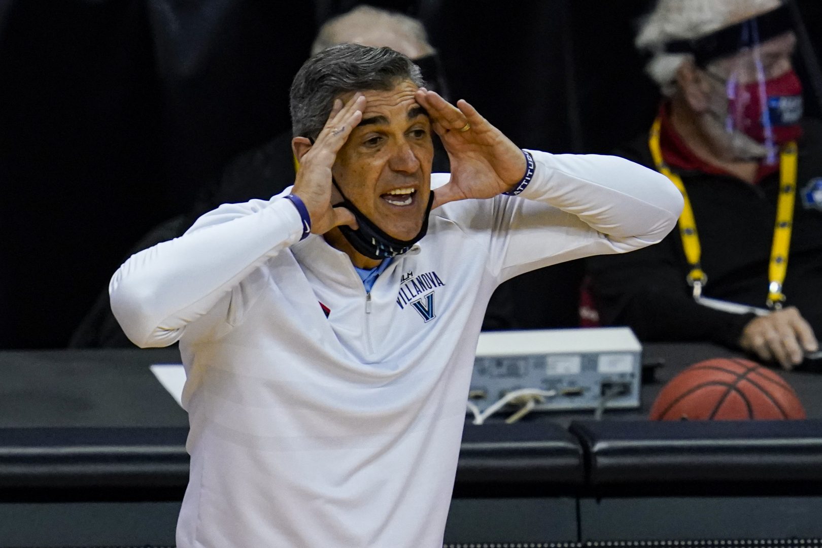 Villanova head coach Jay Wright yells to his team as they played against Winthrop in the second half of a first round game in the NCAA men's college basketball tournament at Farmers Coliseum in Indianapolis, Friday, March 19, 2021. (AP Photo/Michael Conroy)