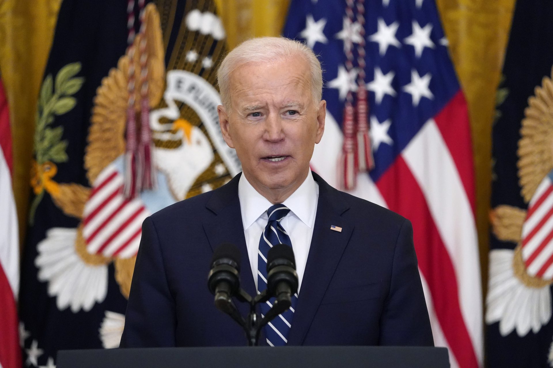 President Joe Biden speaks during a news conference in the East Room of the White House, Thursday, March 25, 2021, in Washington.