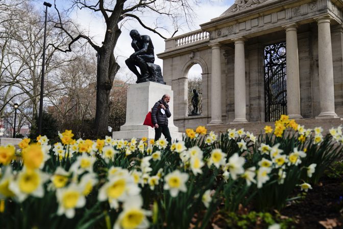 A pedestrian holding a face mask walks by daffodils blooming on a spring morning outside the Rodin Museum in Philadelphia, Monday, March 29, 2021.