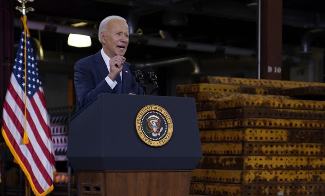 President Joe Biden delivers a speech on infrastructure spending at Carpenters Pittsburgh Training Center, Wednesday, March 31, 2021, in Pittsburgh.