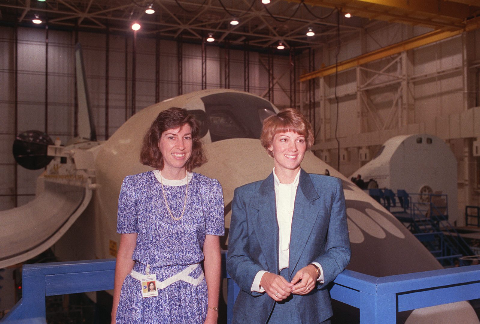Dr. Ellen Ochoa, left, the first Hispanic woman astronaut, and Major Eileen M. Collins, right, the first woman to be named as a pilot candidate, begin their first day of candidate training at NASA in Houston, Texas, Monday, July 16, 1990.