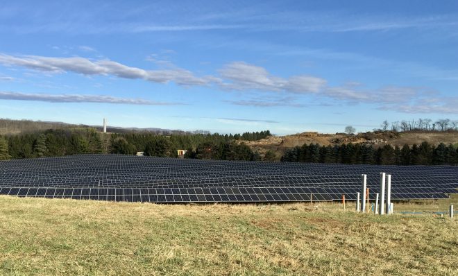 Solar panels that are part of the University Area Joint Authority's solar array in Centre County, Pennsylvania.