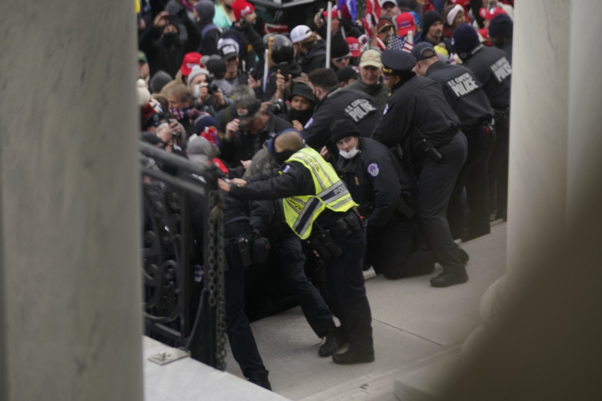 U.S. Capitol Police try to hold back rioters outside the U.S. Capitol, Wednesday, Jan 6, 2021.