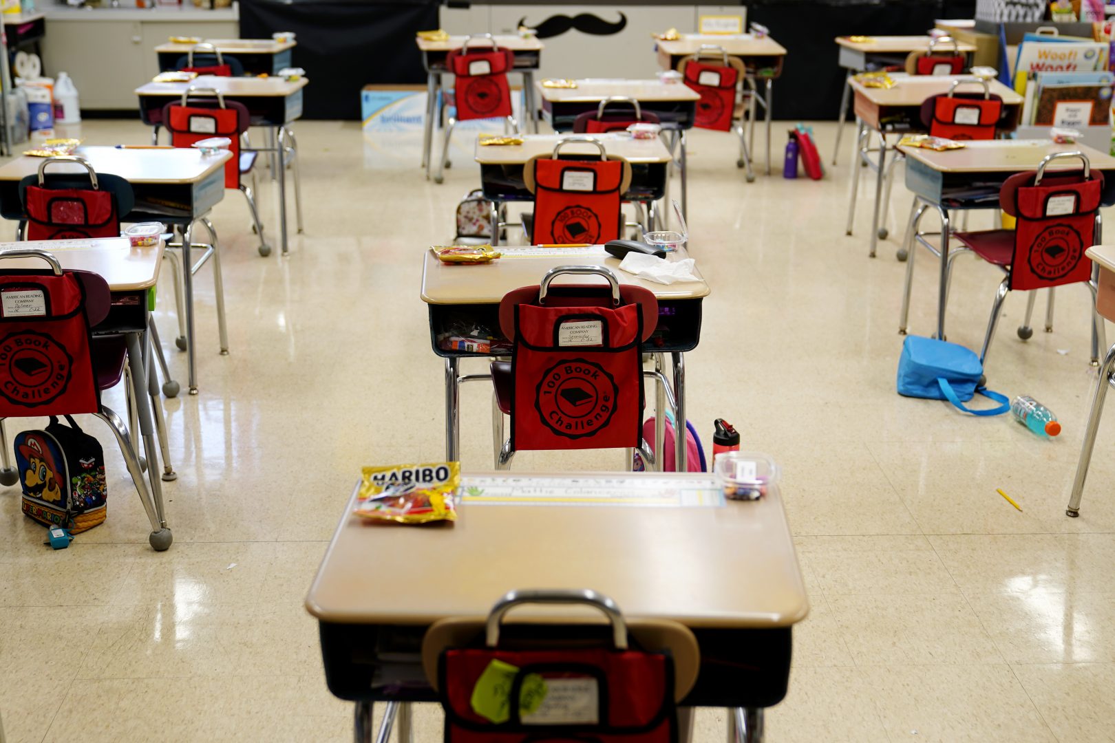 Desks are arranged in a classroom at Panther Valley Elementary School, Thursday, March 11, 2021, in Nesquehoning, Pa. On May 26, 2020, former student, 9-year-old Ava Lerario; her mother, Ashley Belson, and her father, Marc Lerario were found fatally shot inside their home. 