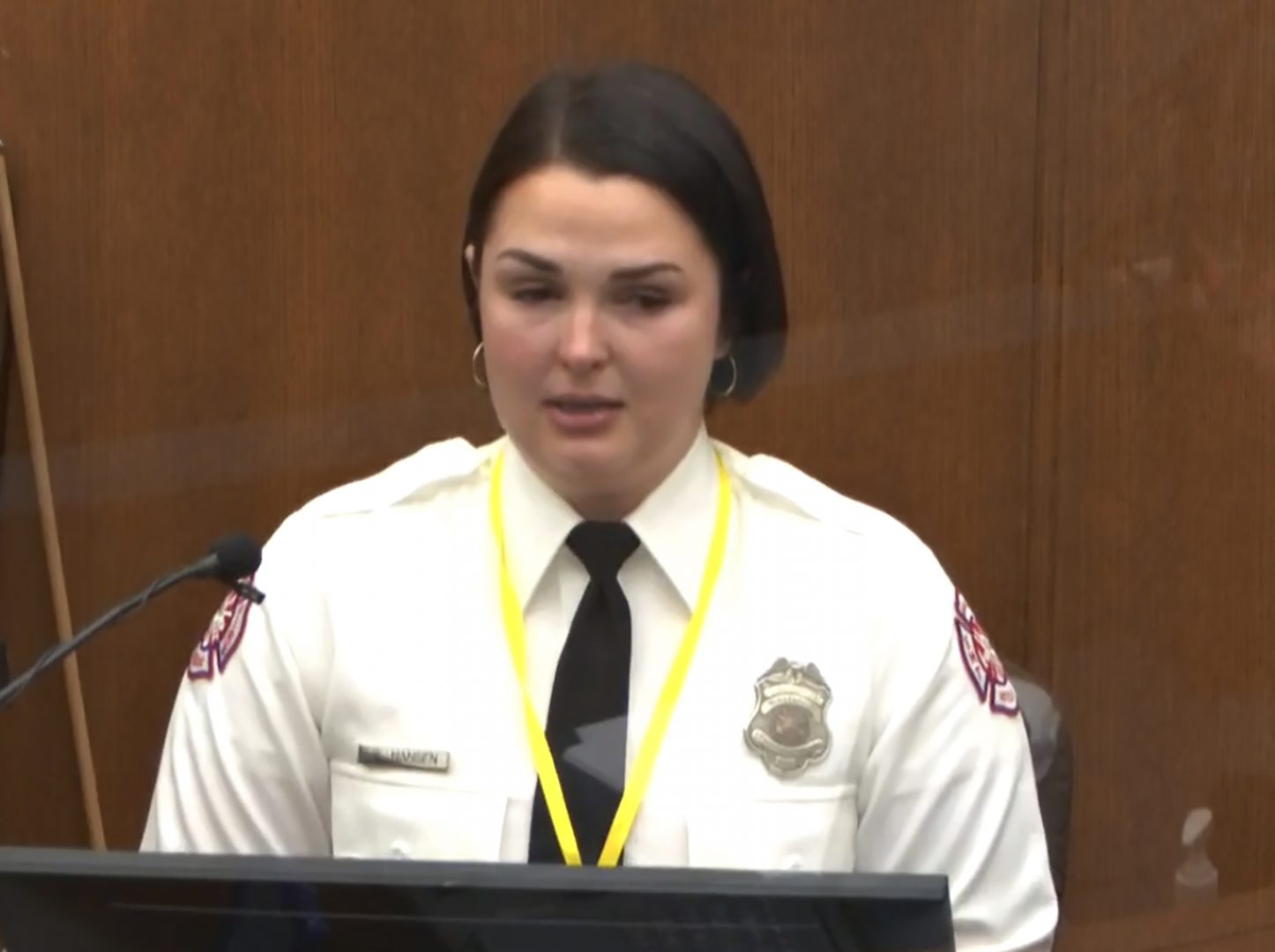 In this image from video, Minneapolis Firrefighter Genevieve Hansen, testifies as Hennepin County Judge Peter Cahill presides Tuesday, March 30, 2021, in the trial of former Minneapolis police Officer Derek Chauvin, in the May 25, 2020, death of George Floyd at the Hennepin County Courthouse in Minneapolis, Minn. 