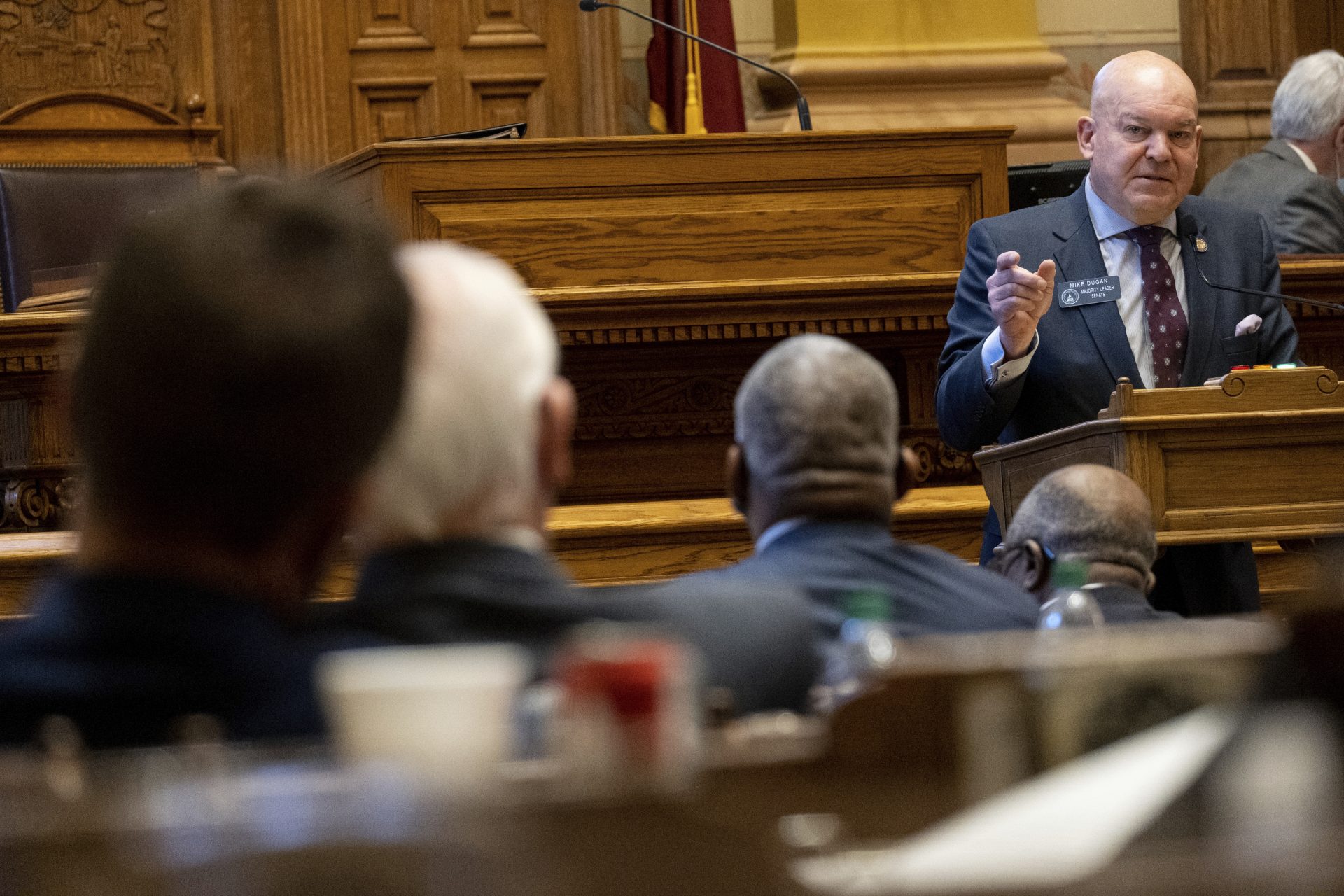 Georgia State Sen. Mike Dugan (R-Carrollton) presents Senate Bill 241, which changes Georgia's voting laws, Monday, March 8, 2021, in Atlanta.
