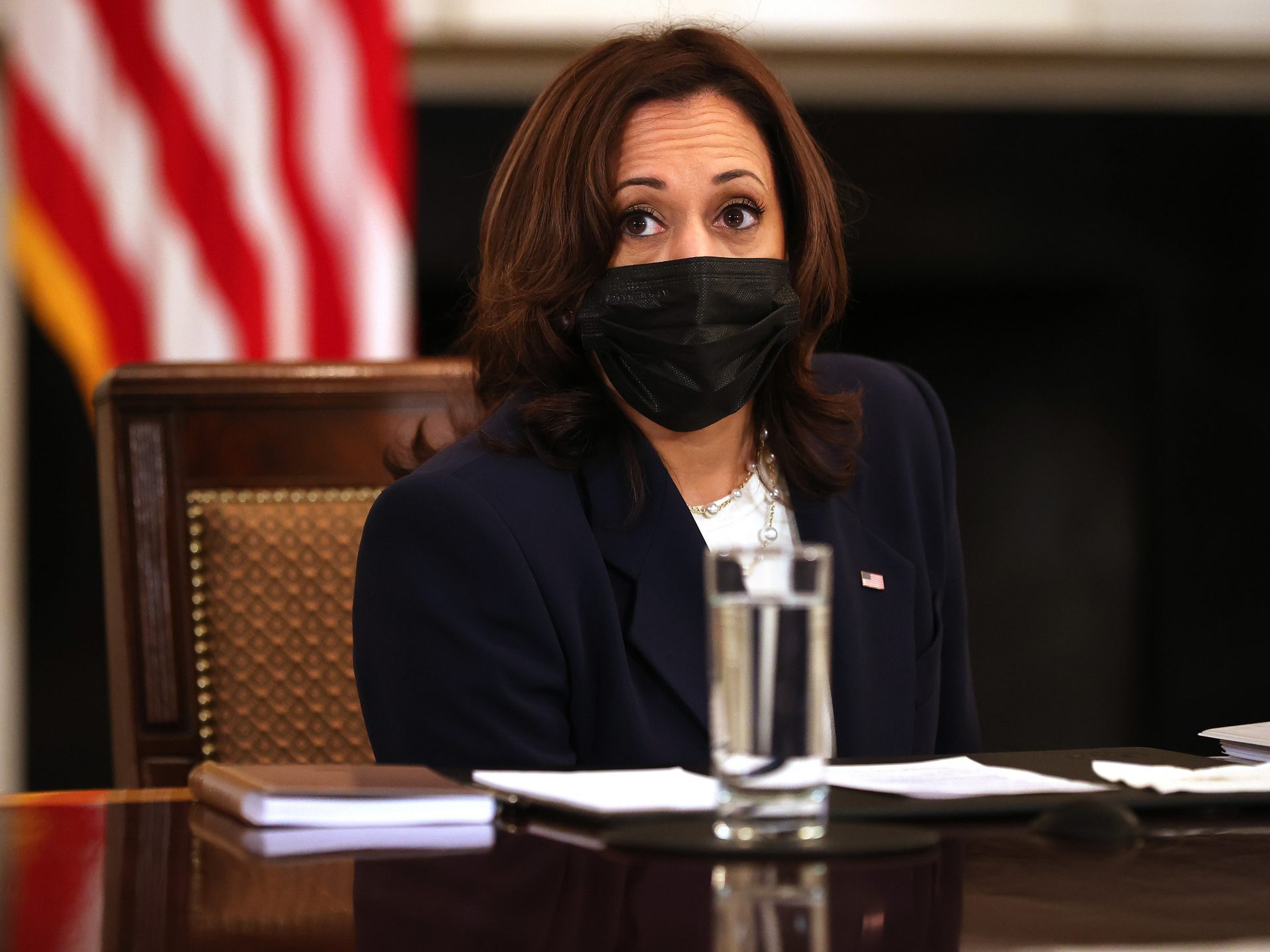Vice President Harris delivers brief remarks during a meeting Wednesday, March 24, 2021.