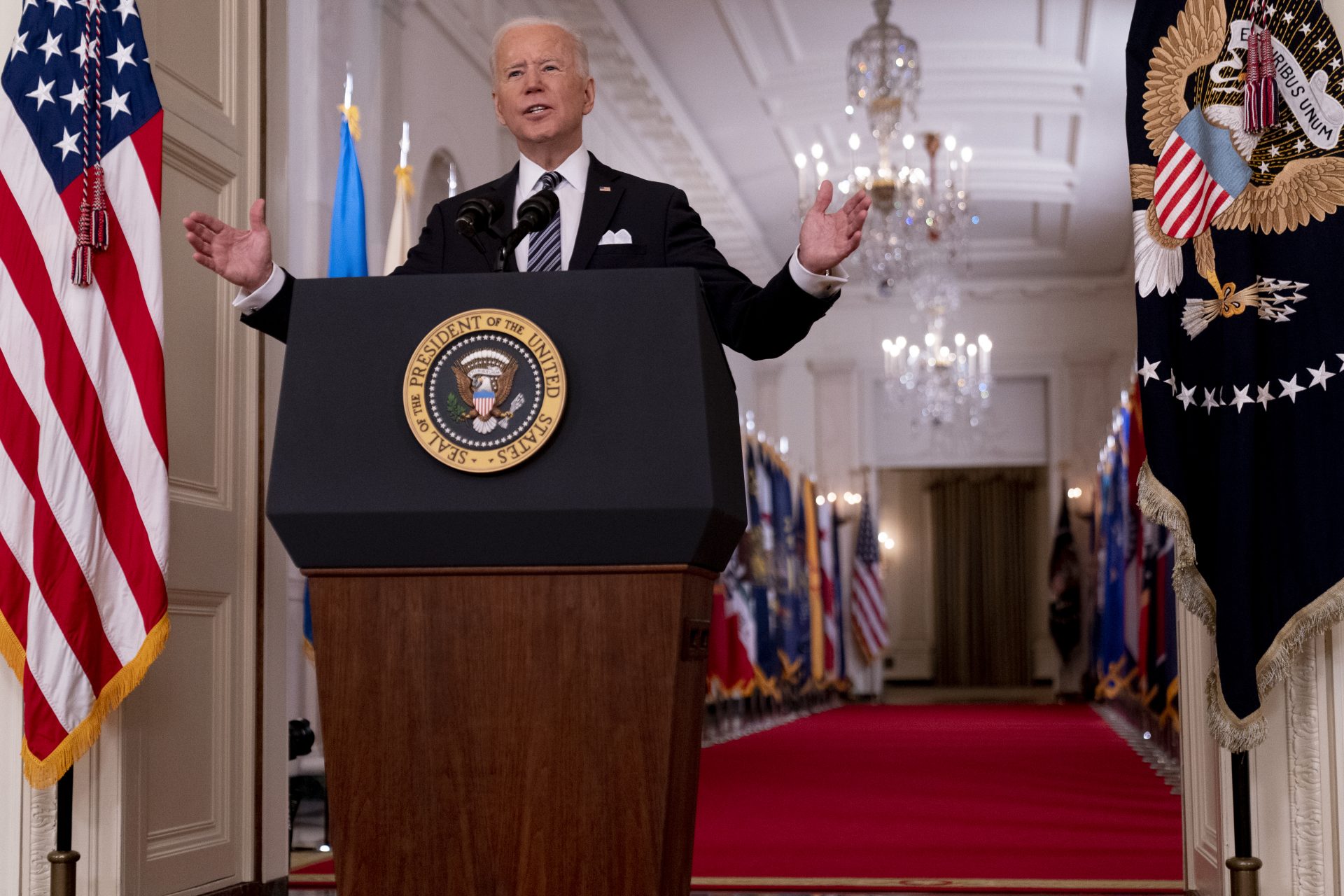 President Joe Biden speaks about the COVID-19 pandemic during a prime-time address from the East Room of the White House, Thursday, March 11, 2021, in Washington.