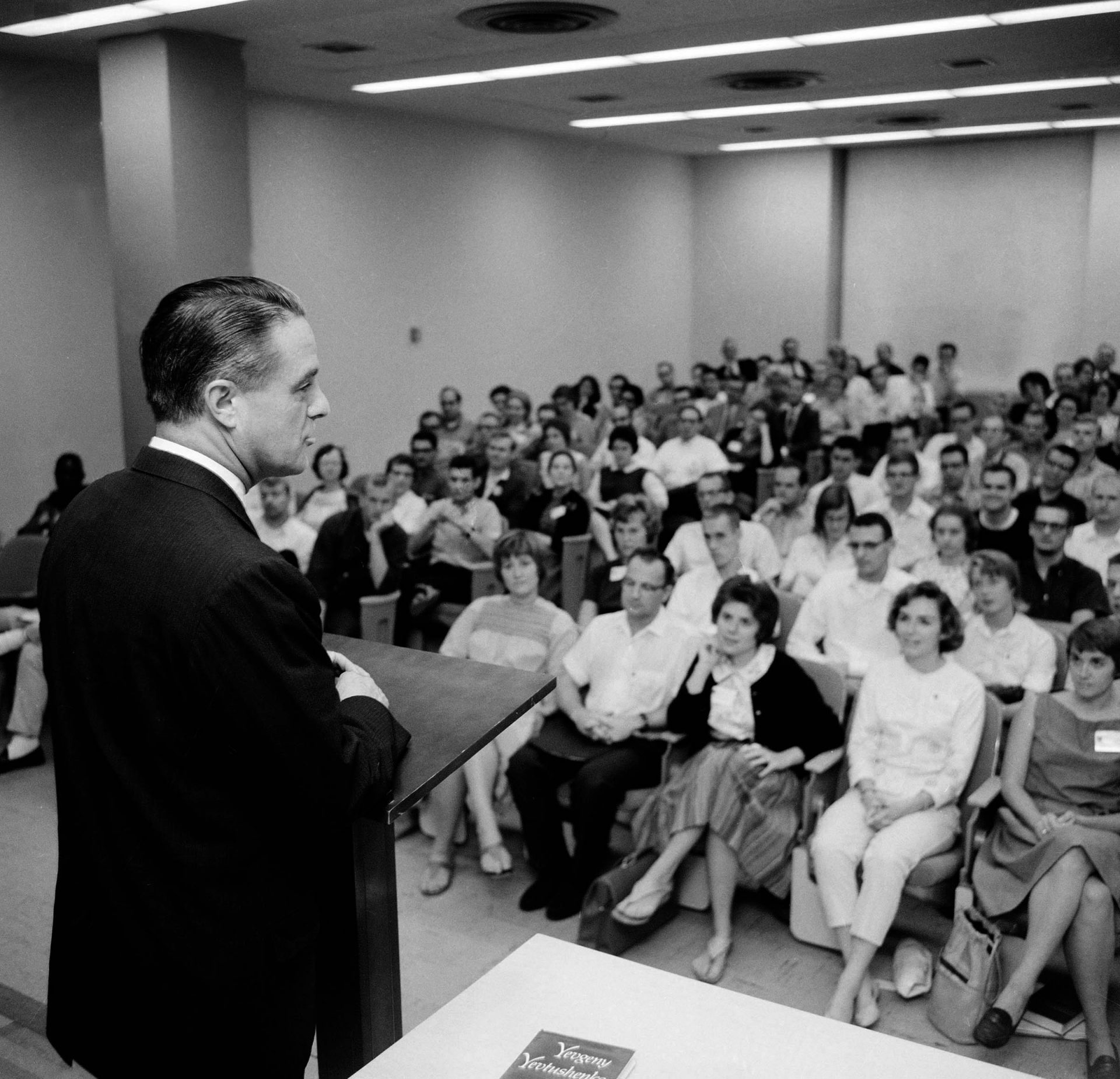 Sargent Shriver, director of the Peace Corps, addresses a group of 200 young men and women nearing completion of a nine-week course to prepare them for service in Nigeria, at Columbia University in New York City, Aug. 19, 1963. Graduates of the course will leave New York for Nigeria on Sept. 10.