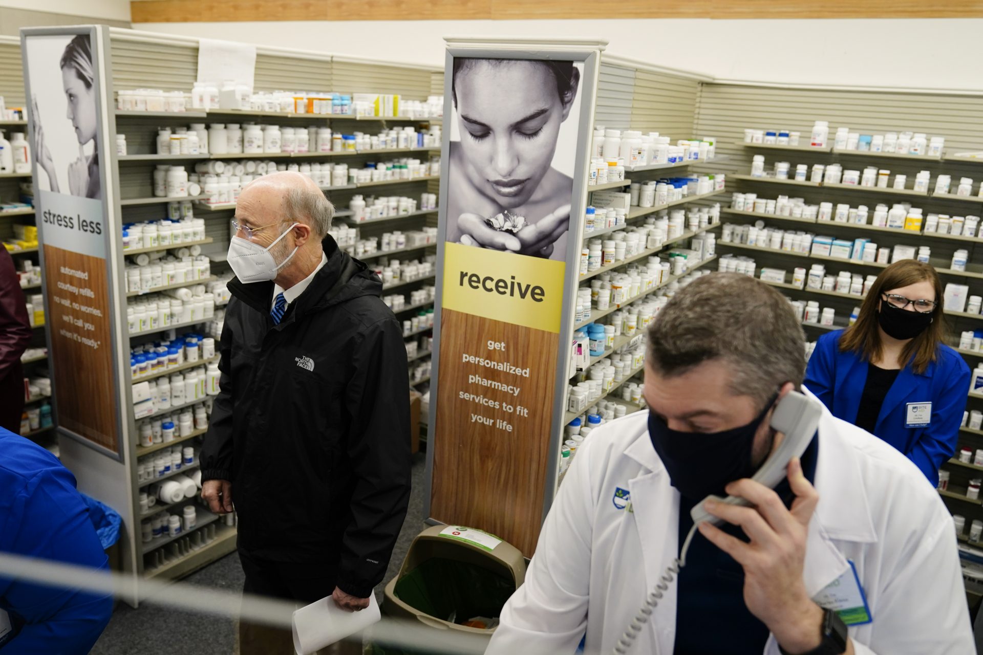 Gov. Tom Wolf tours a Rite-Aid pharmacy in Steelton, Pa., that is administering COVID-19 vaccinations, Friday, March 5, 2021.