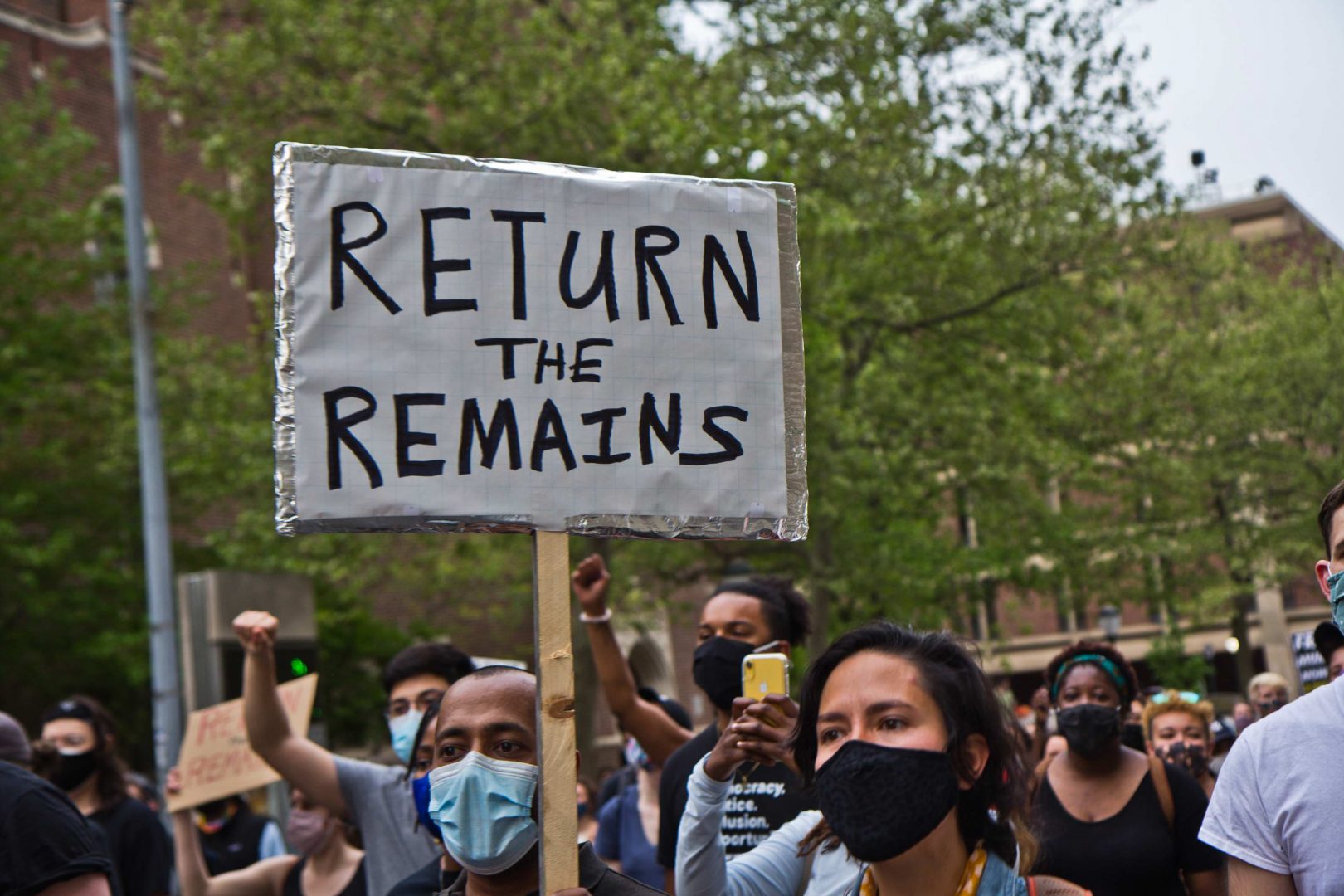 Protesters marched on the University of Pennsylvania’s Campus on April 28, 2021, over the Penn Museum’s mistreatment of the remains of children Tree and Delisha Africa who were killed when Philadelphia police bombed the MOVE Organization’s headquarters in 1985.
