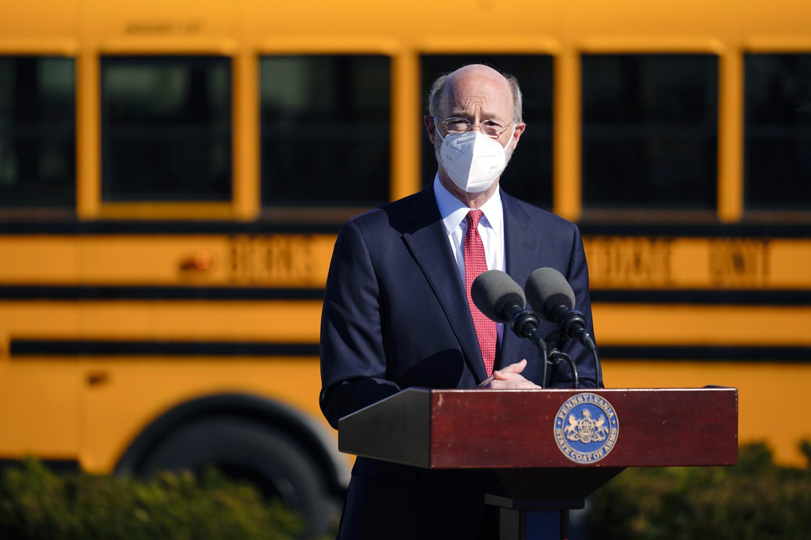 Gov. Tom Wolf speaks at a COVID-19 vaccination site setup at the Berks County Intermediate Unit in Reading, Pa., on March 15, 2021.