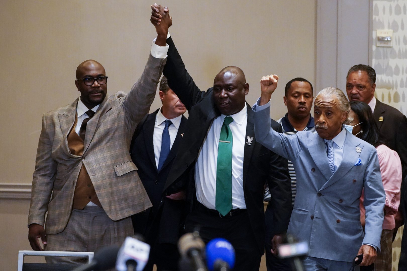 Philonise Floyd, Attorney Ben Crump and the Rev. Al Sharpton, from left, react after a guilty verdict was announced at the trial of former Minneapolis police Officer Derek Chauvin for the 2020 death of George Floyd, Tuesday, April 20, 2021, in Minneapolis, Minn. Former Minneapolis police Officer Derek Chauvin has been convicted of murder and manslaughter in the death of Floyd.