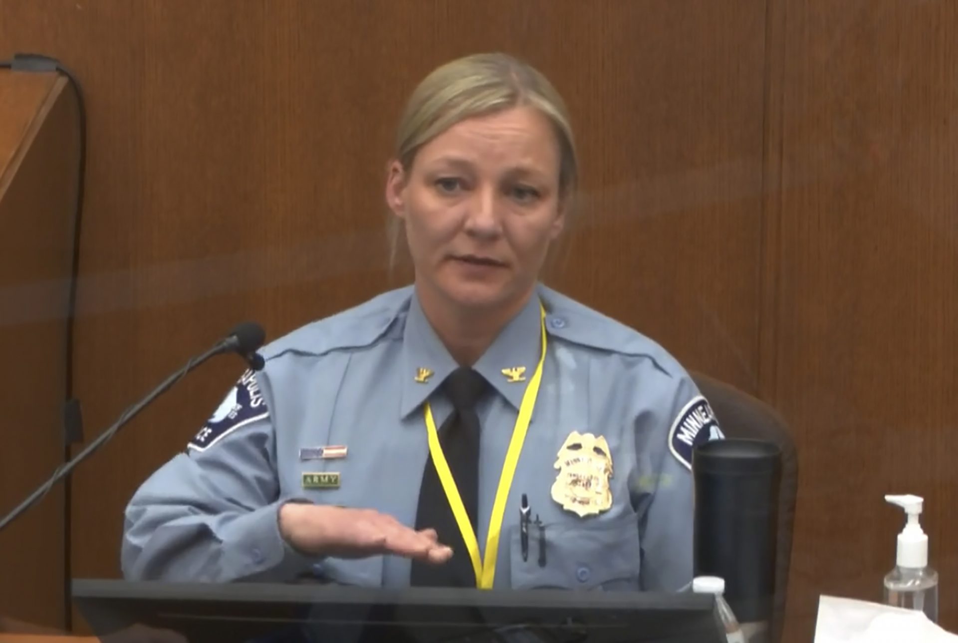 In this image from video, Minneapolis Police Inspector Katie Blackwell testifies as Hennepin County Judge Peter Cahill presides Monday, April 5, 2021, in the trial of former Minneapolis police Officer Derek Chauvin at the Hennepin County Courthouse in Minneapolis, Minn. Chauvin is charged in the May 25, 2020 death of George Floyd.