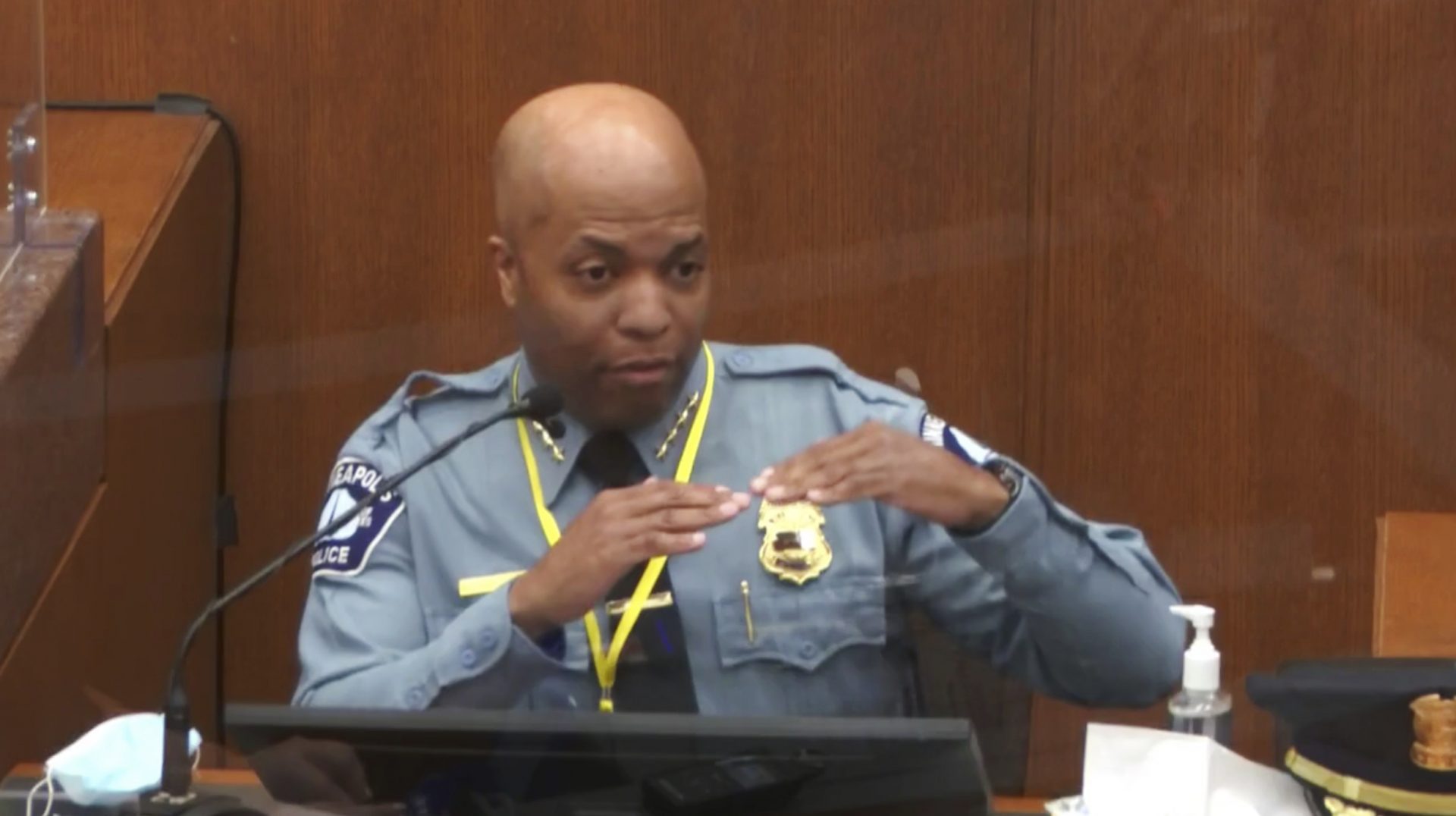 In this image from video, witness Minneapolis Police Chief Medaria Arradondo testifies as Hennepin County Judge Peter Cahill presides Monday, April 5, 2021, in the trial of former Minneapolis police Officer Derek Chauvin at the Hennepin County Courthouse in Minneapolis. Chauvin is charged in the May 25, 2020 death of George Floyd.