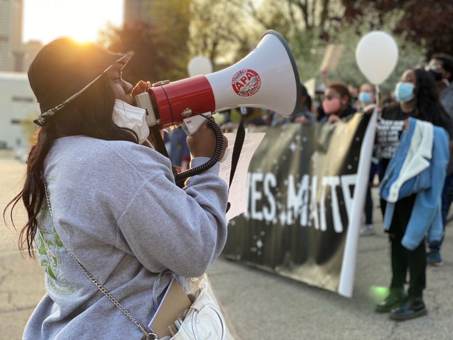 Alexis Mighty, CEO of Pittsburgh I Can't Breathe, leads a march through the city's Hill District Tuesday, April 20, 2021.