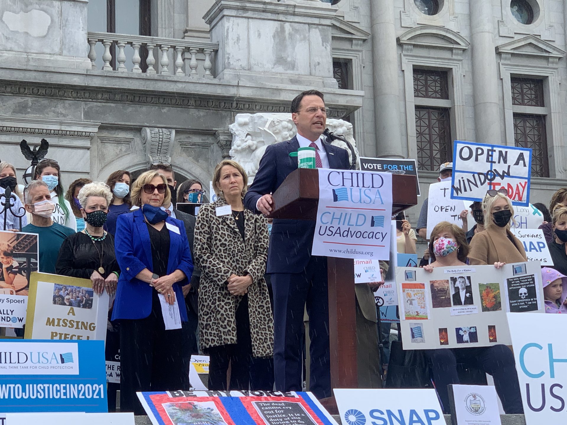 Pennsylvania Attorney General Josh Shapiro delivers remarks to a crowd of sexual abuse survivors and their supporters during a rally at the state Capitol building on April 19, 2021.