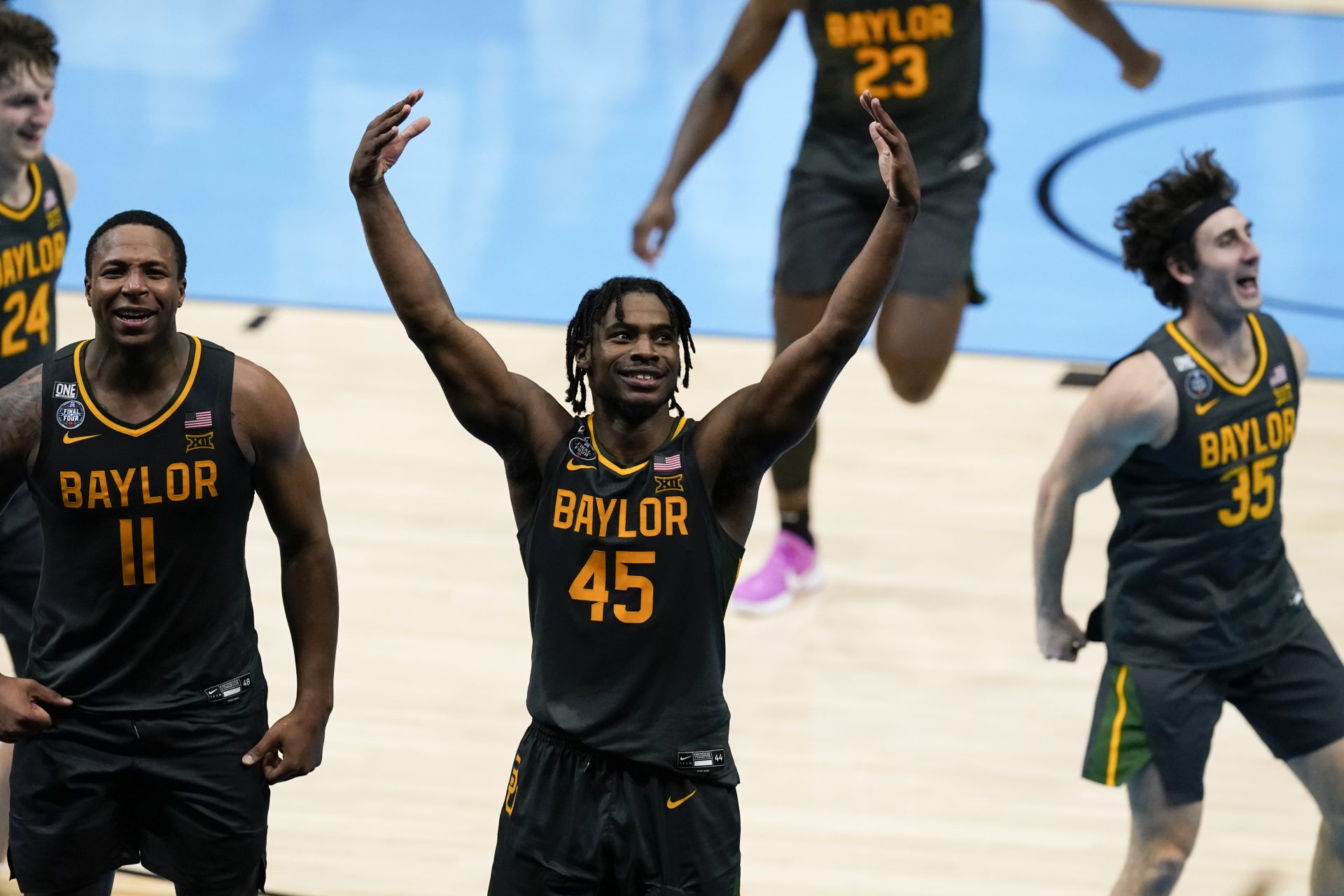 Baylor guard Davion Mitchell (45) celebrates at the end of the championship game against Gonzaga in the men's Final Four NCAA college basketball tournament, Monday, April 5, 2021, at Lucas Oil Stadium in Indianapolis. Baylor won 86-70.