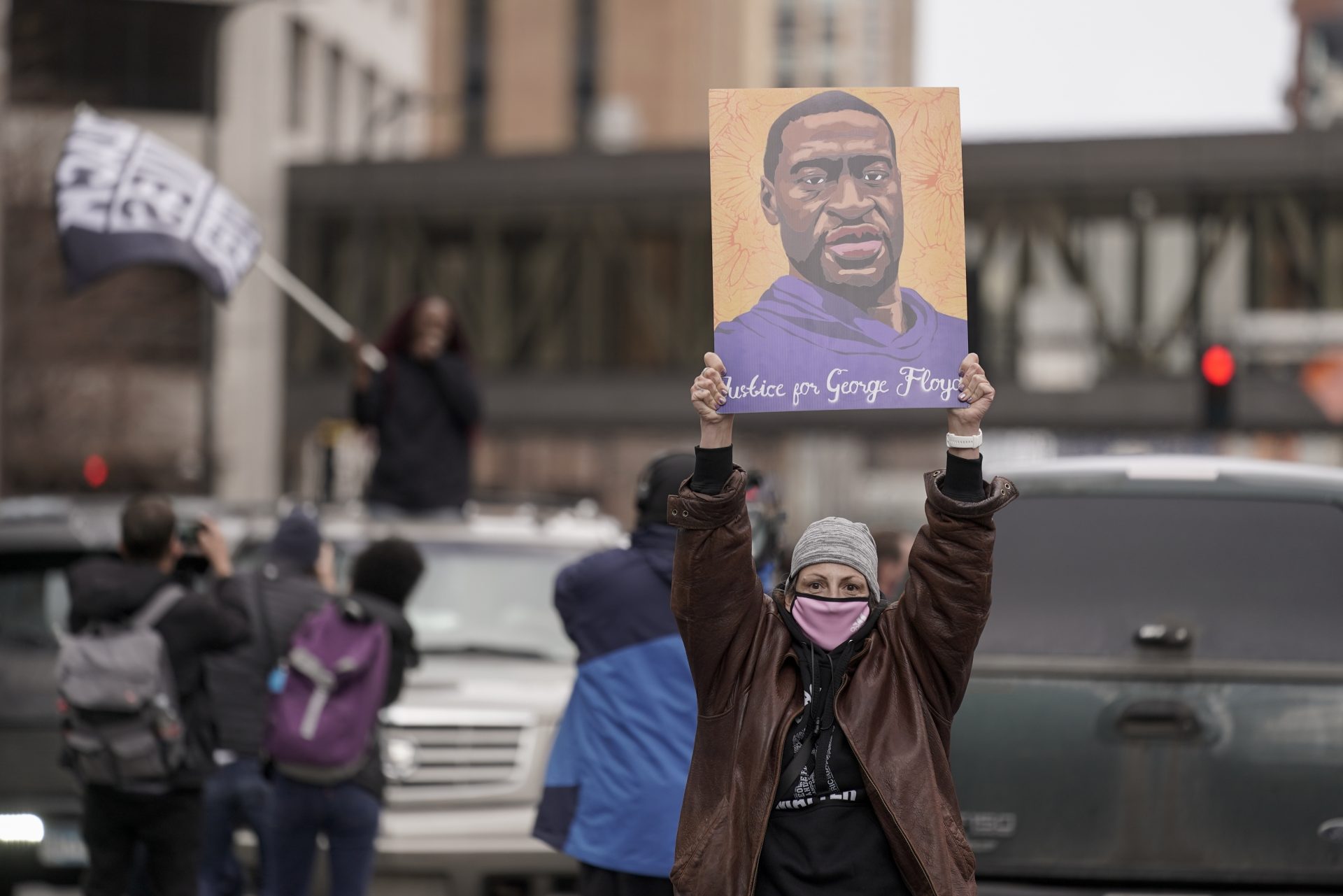 People celebrate outside the courthouse in Minneapolis, Tuesday, April 20, 2021, after the guilty verdicts were announced in the murder trial of former Minneapolis police Officer Derek Chauvin in the killing of George Floyd. (