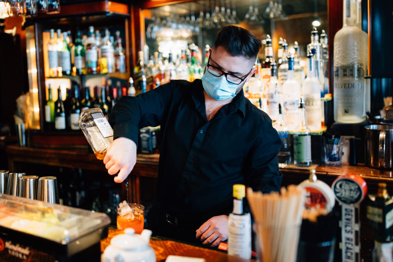 A bartender makes a drink at The Belvedere Inn in Lancaster on April 2, 2021.