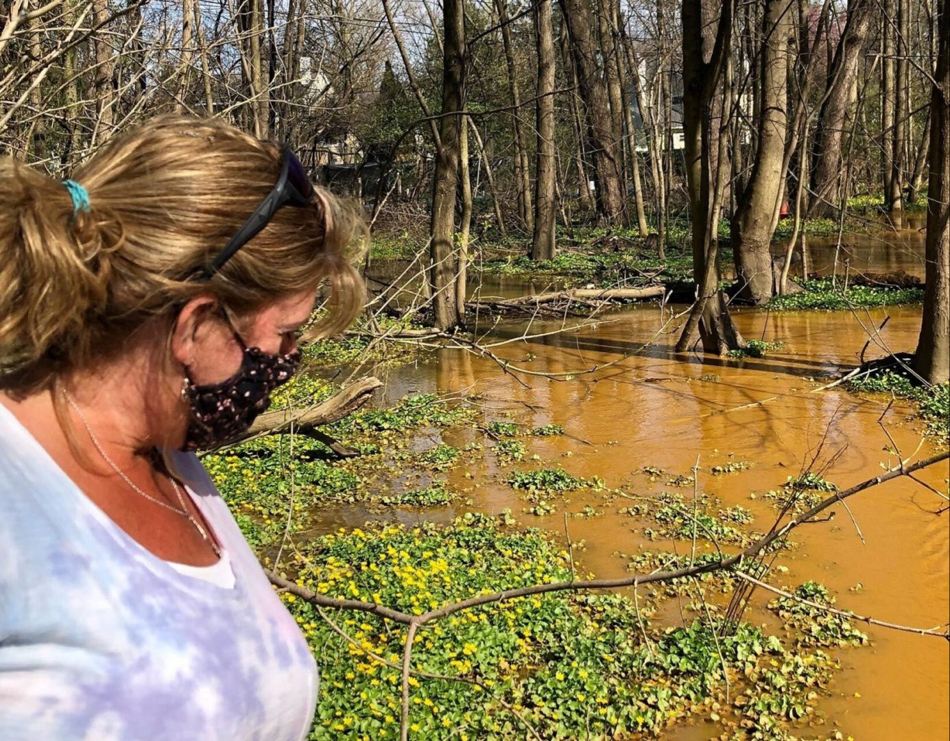 Libby Madarasz, a resident of Meadowbrook Manor, surveys the damage caused by Sunoco’s Mariner East 2 pipeline construction. 