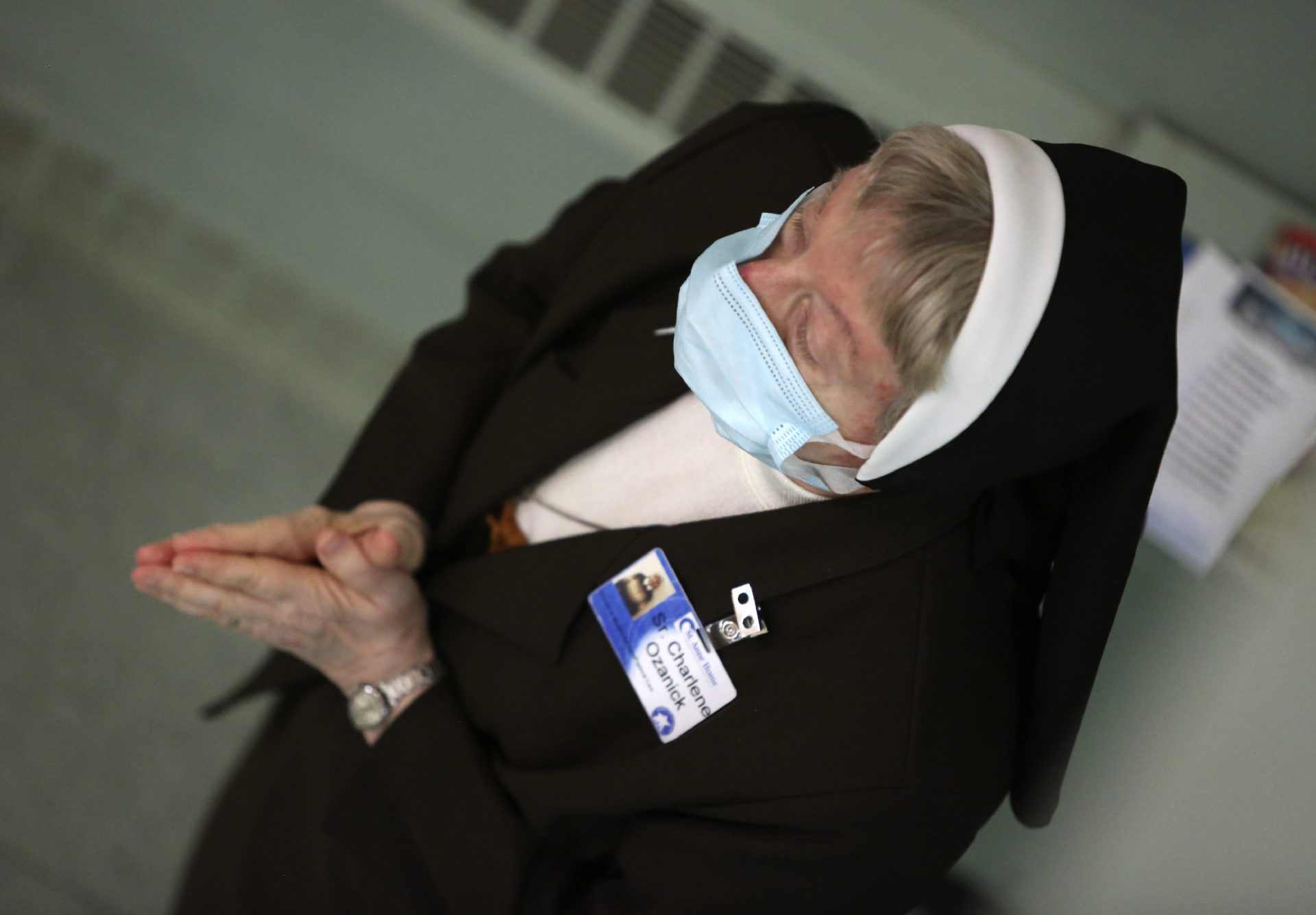 Sister Mary Charlene Ozanick, of the Felician Sisters of North America, prays during morning Mass at St. Anne Home in Greensburg, Pa., on Thursday, March 25, 2021.