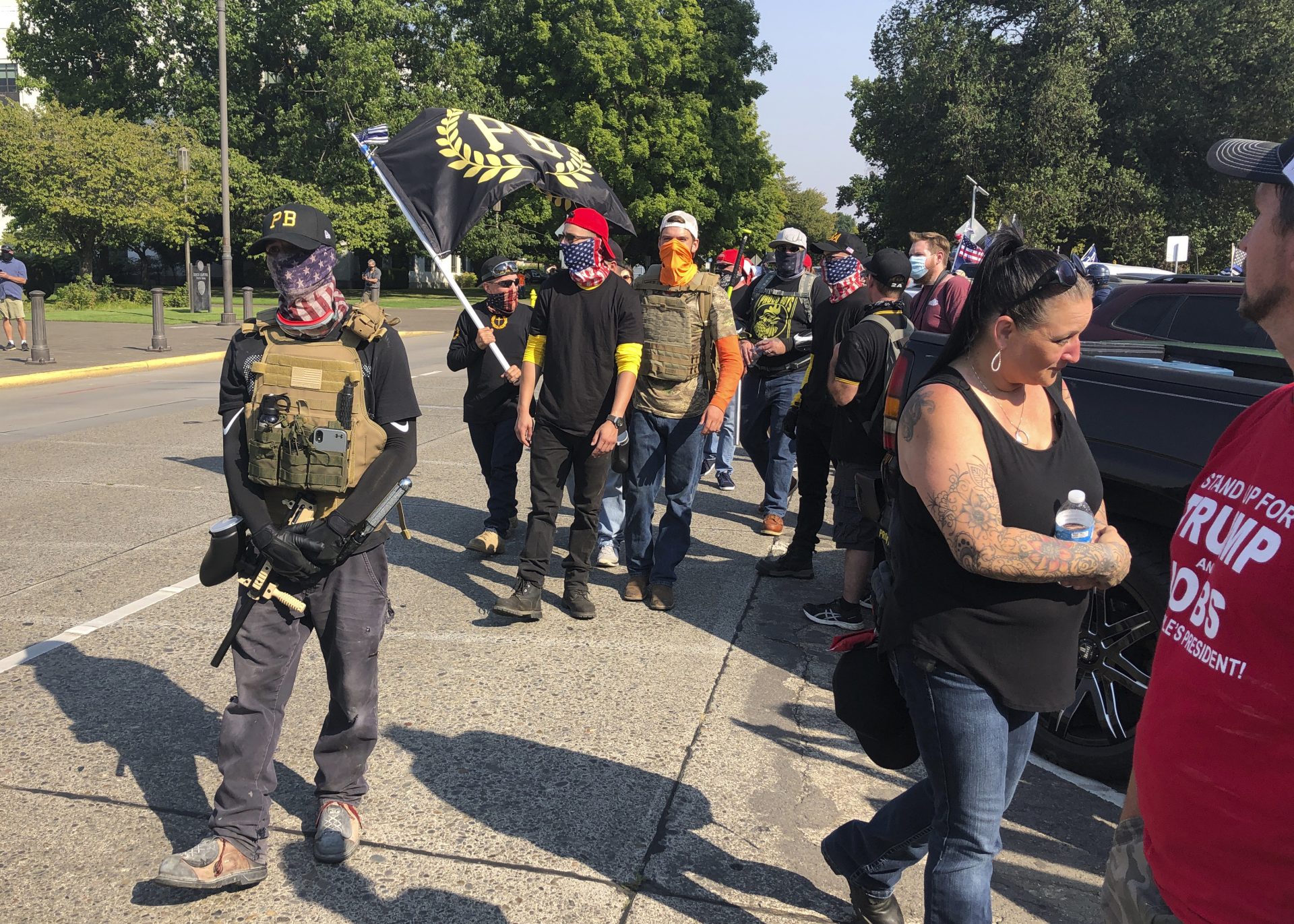 Members of the extremist right-wing group the Proud Boys arrive in Salem, Ore., on Monday Sept. 7, 2020 for a pro-Donald Trump rally at the Capitol.