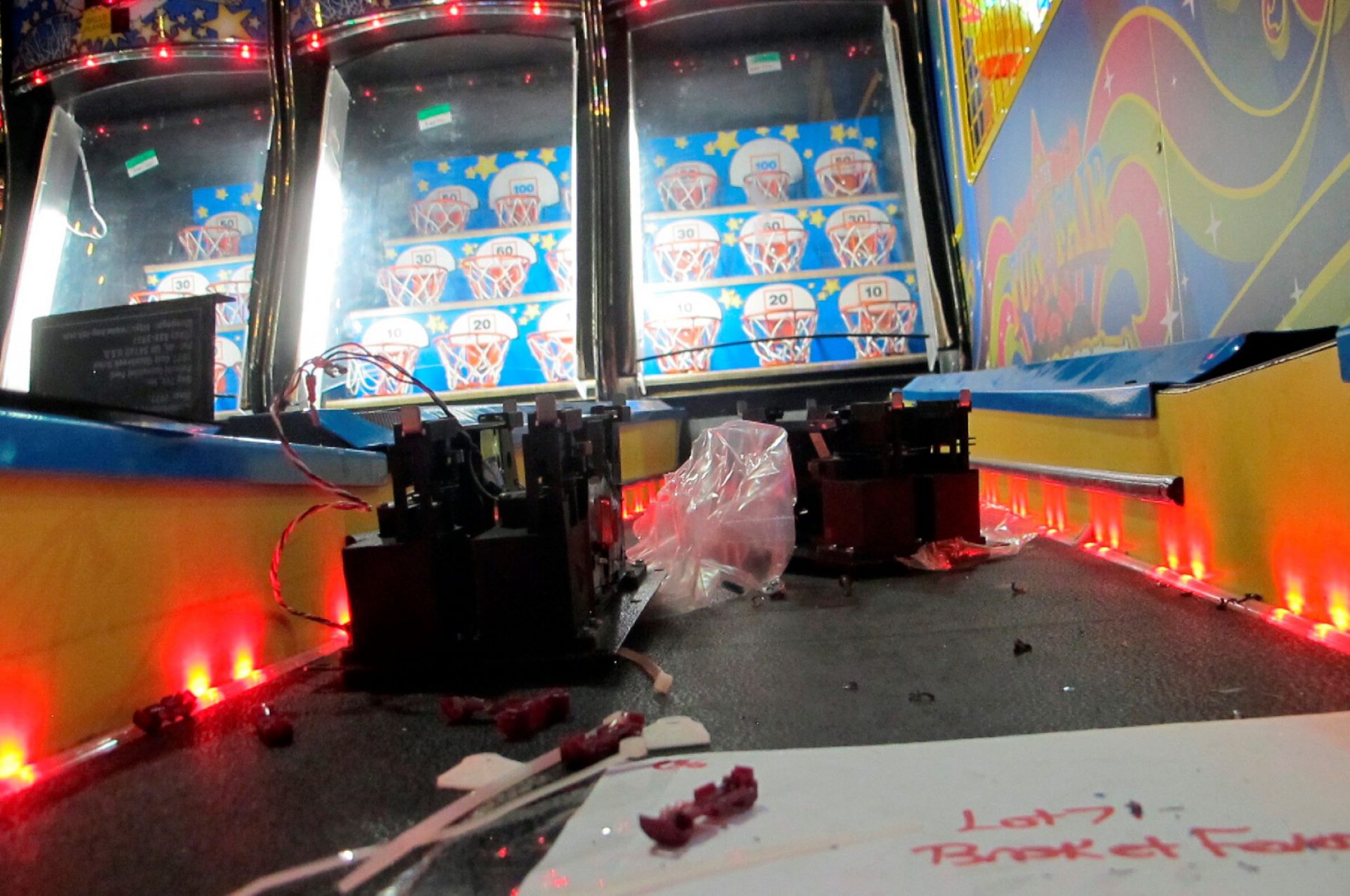 The internal components of a basketball-shooting game waiting to be installed at the soon-to-open Lucky Snake arcade, Wednesday, April 21, 2021, at the former Showboat casino in Atlantic City, N.J.