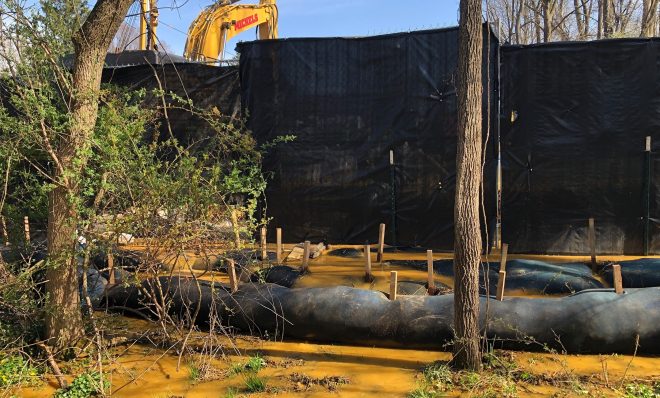 This photo from 2021 shows a Sunoco construction site behind the Meadowbrook Manor development in West Whiteland Township. At the time, muddy water was flowing into and polluting the West Valley Creek, a stocked trout stream. 