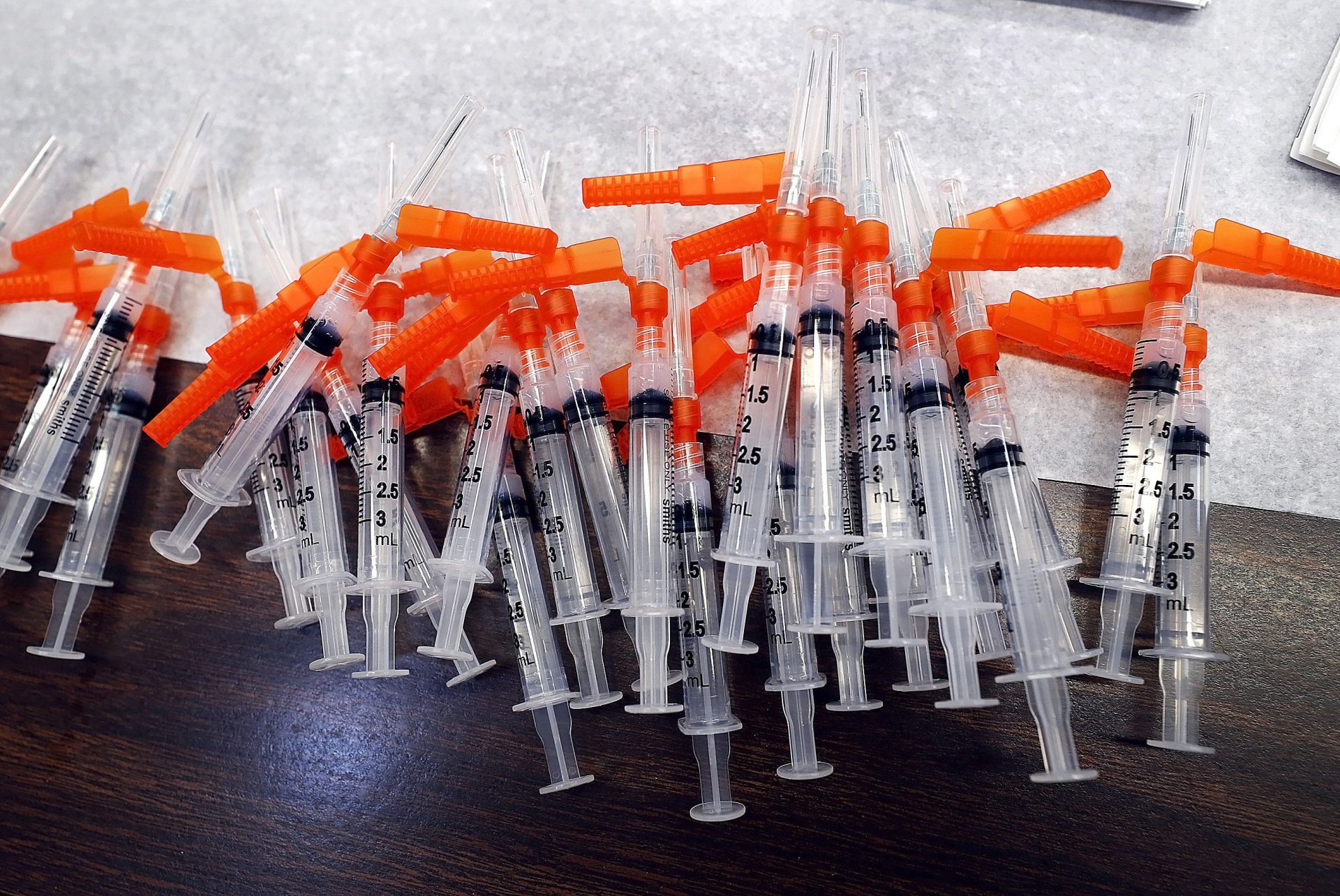 Syringes containing vaccine stand at the ready for members of the public to get the vaccine administered to them in the Sullivan County Elementary School in Laporte Bourgh Sullivan County Pennsylvania Fred Adams/for Spotlight PA 1-29-21