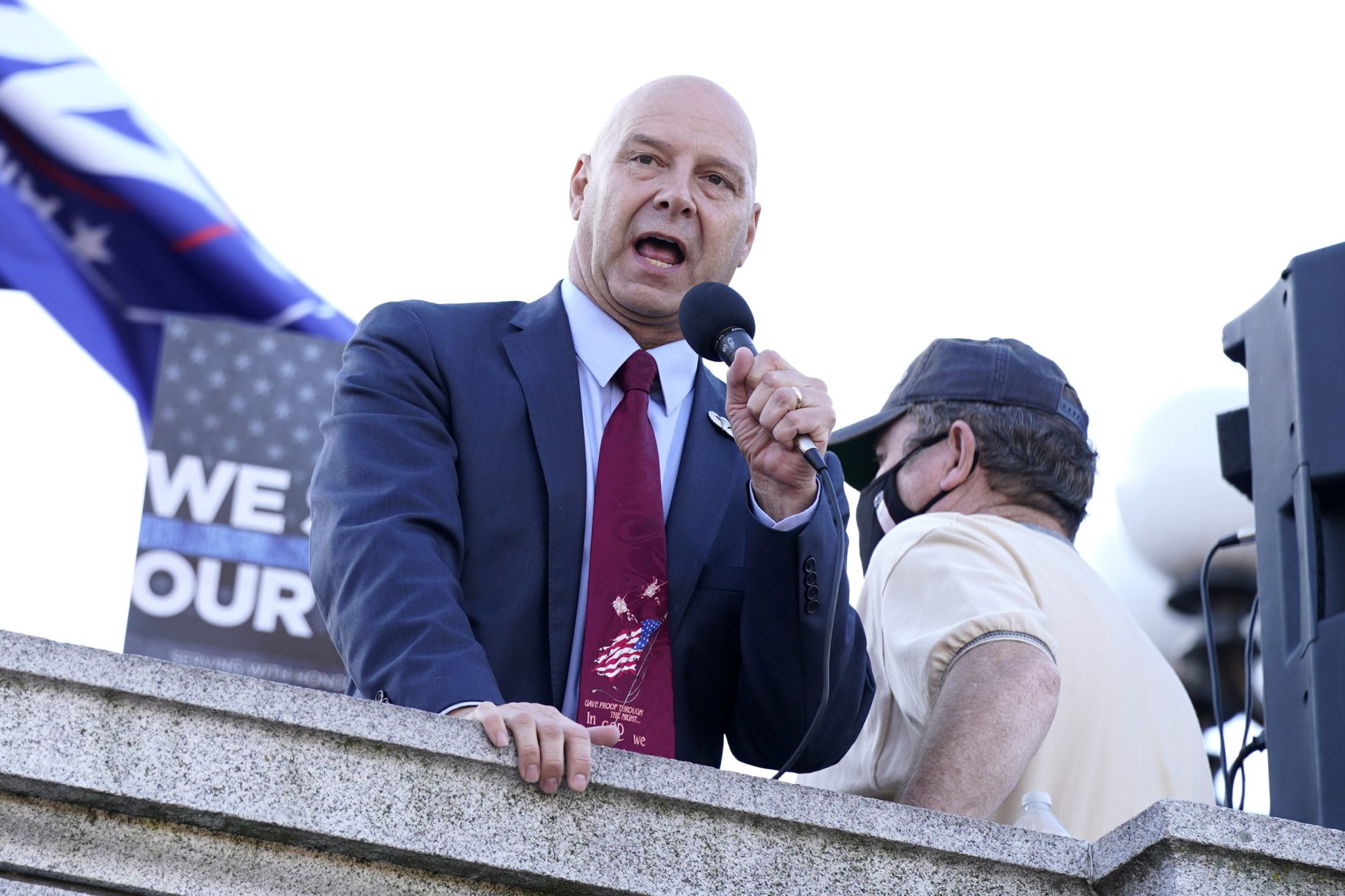 Pennsylvania state Sen. Doug Mastriano, R-Franklin, speaks to supporters of President Donald Trump as they demonstrate outside the Pennsylvania State Capitol, Saturday, Nov. 7, 2020, in Harrisburg, Pa., after Democrat Joe Biden defeated Trump to become 46th president of the United States.