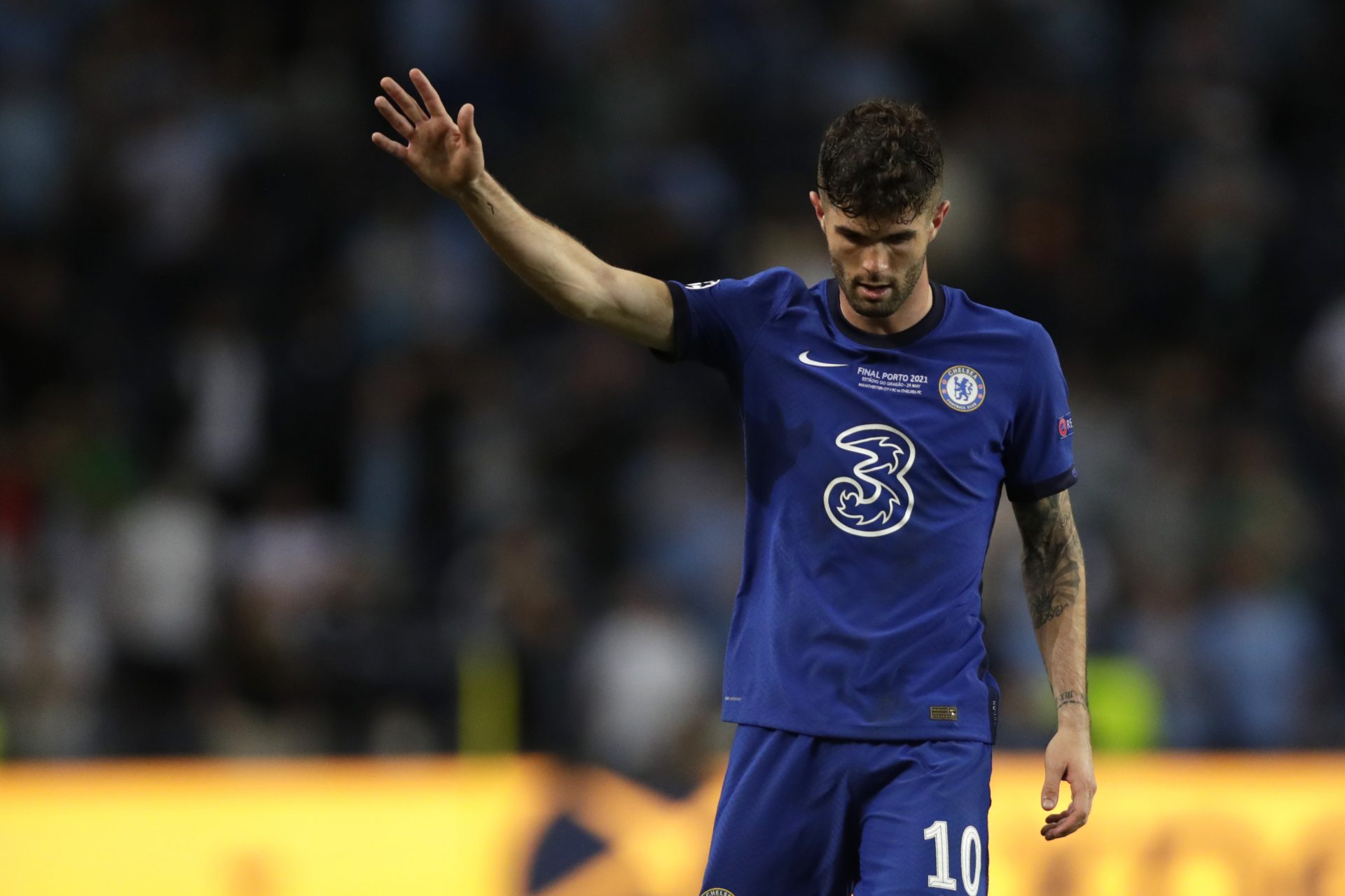 Chelsea's Christian Pulisic gestures during the Champions League final soccer match between Manchester City and Chelsea at the Dragao Stadium in Porto, Portugal, Saturday, May 29, 2021.