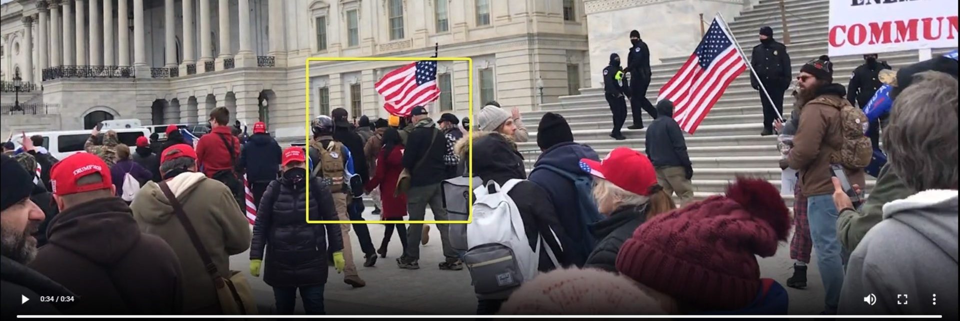 In this screengrab posted by an online account that's been identifying people present at the U.S. Capitol on Jan. 6, state Sen. Doug Mastriano (R-Adams), highlighted in a yellow box, appears to walk with a group of demonstrators parallel to the east steps of the Capitol building.