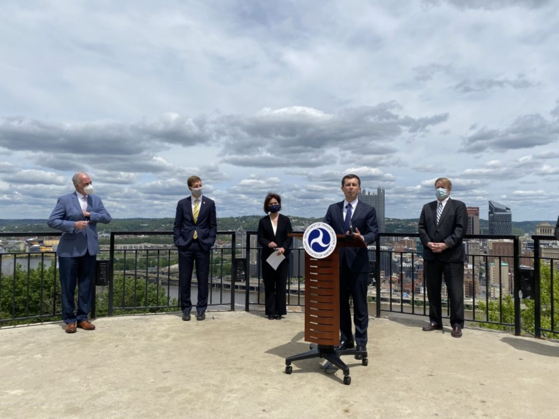 U.S. Secretary of Transportation Pete Buttigieg speaks atop Mt. Washington about infrastructure needs on May 6, 2021. He was joined by U.S. Senator Bob Casey, Congressman Conor Lamb, PennDOT Secretary Yassmin Gramian, and Allegheny County Executive Rich Fitzgerald.