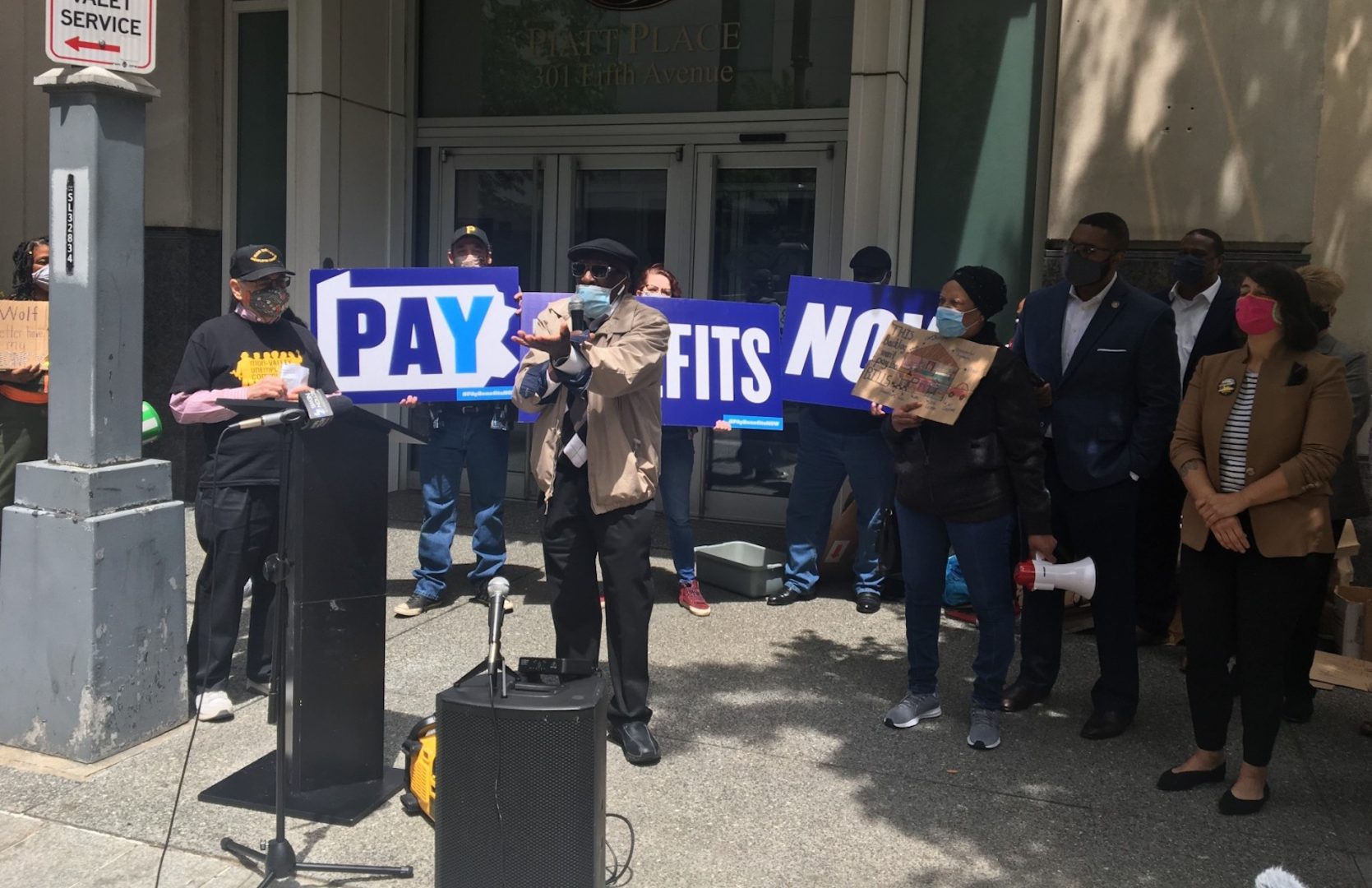 Cornell Brunson describes the difficulties he had trying to collect Unemployment Compensation benefits. He was speaking May 6, 2021 at a rally outside of Gov. Tom Wolf's regional office in Pittsburgh.