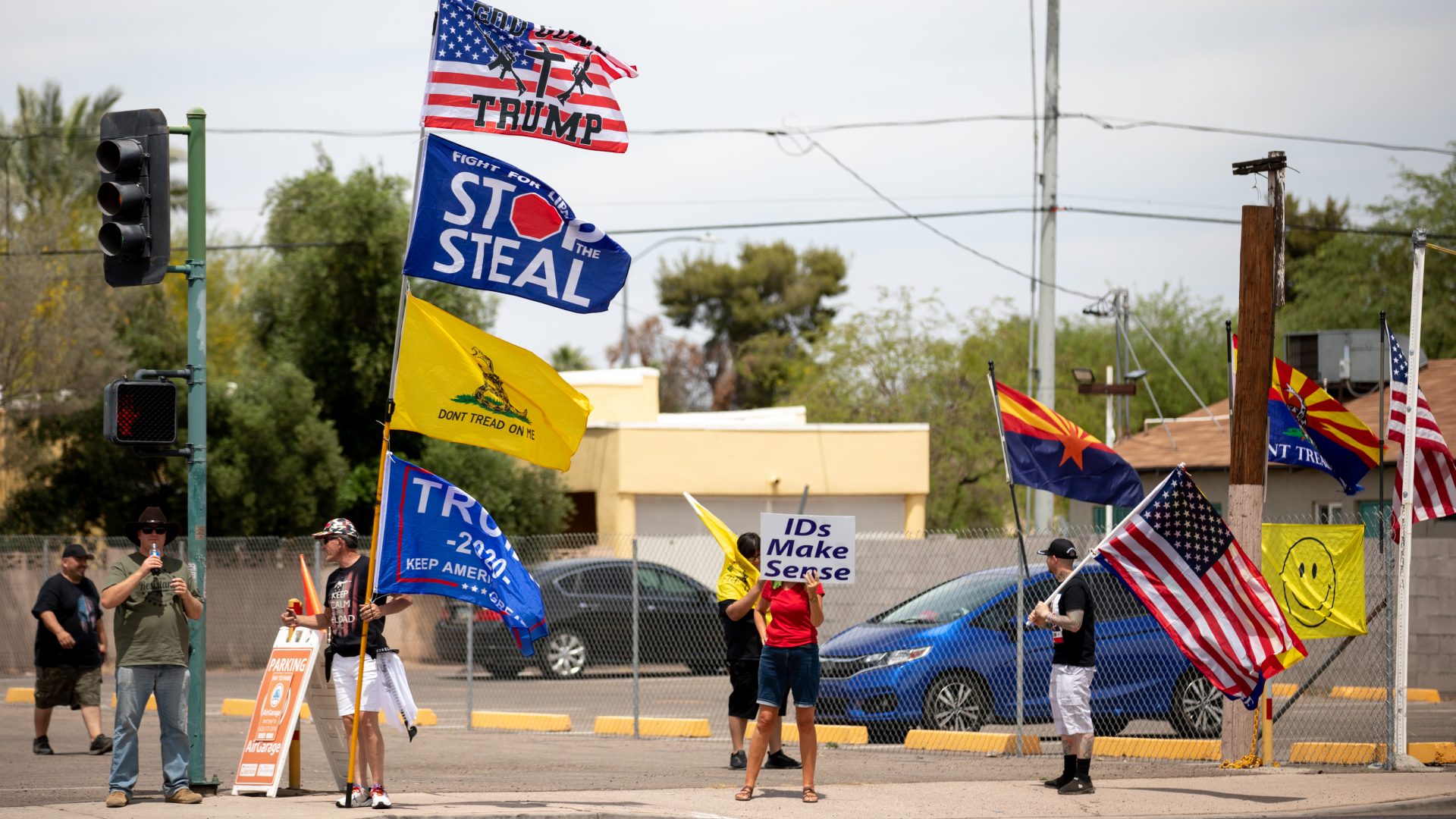 Demonstrators in support of former President Donald Trump gather on May 1 outside the Arizona Veterans Memorial Coliseum in Phoenix, where a controversial 2020 general election review was set to begin. Trump has heartily supported the audit.