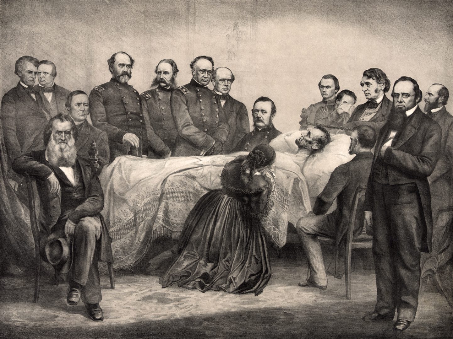 Vintage illustration features President Abraham Lincoln as he lay dying on his deathbed on April 15, 1865, the morning after he was shot in the head by a Confederate sympathizer while watching a play at Ford's Theatre in Washington, D.C. Lincoln died on April 15, 1865, at 7:22 am, aged 56.