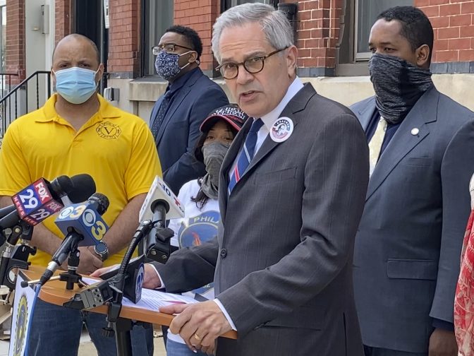 In this Friday, May 14, 2021 photo, Philadelphia District Attorney Larry Krasner speaks during a news conference where the Guardian Civic League and Club Valiants, the fraternal organizations that represent Black and Latino police and firefighters, endorsed him for the upcoming Democratic primary, in Philadelphia.