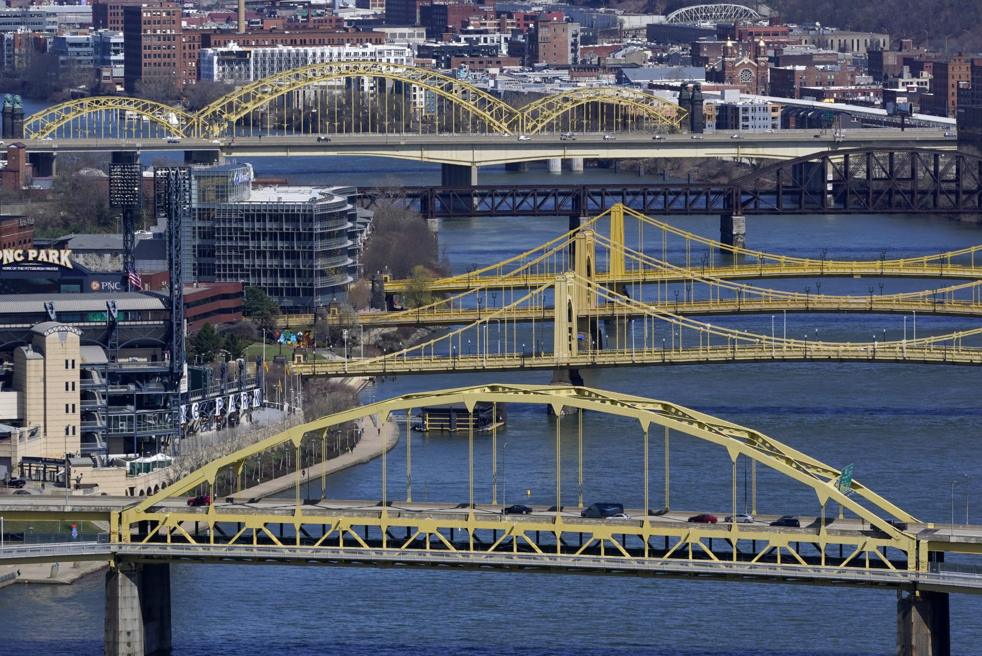 This April 2, 2021, file photo shows bridges spanning the Allegheny River in downtown Pittsburgh.