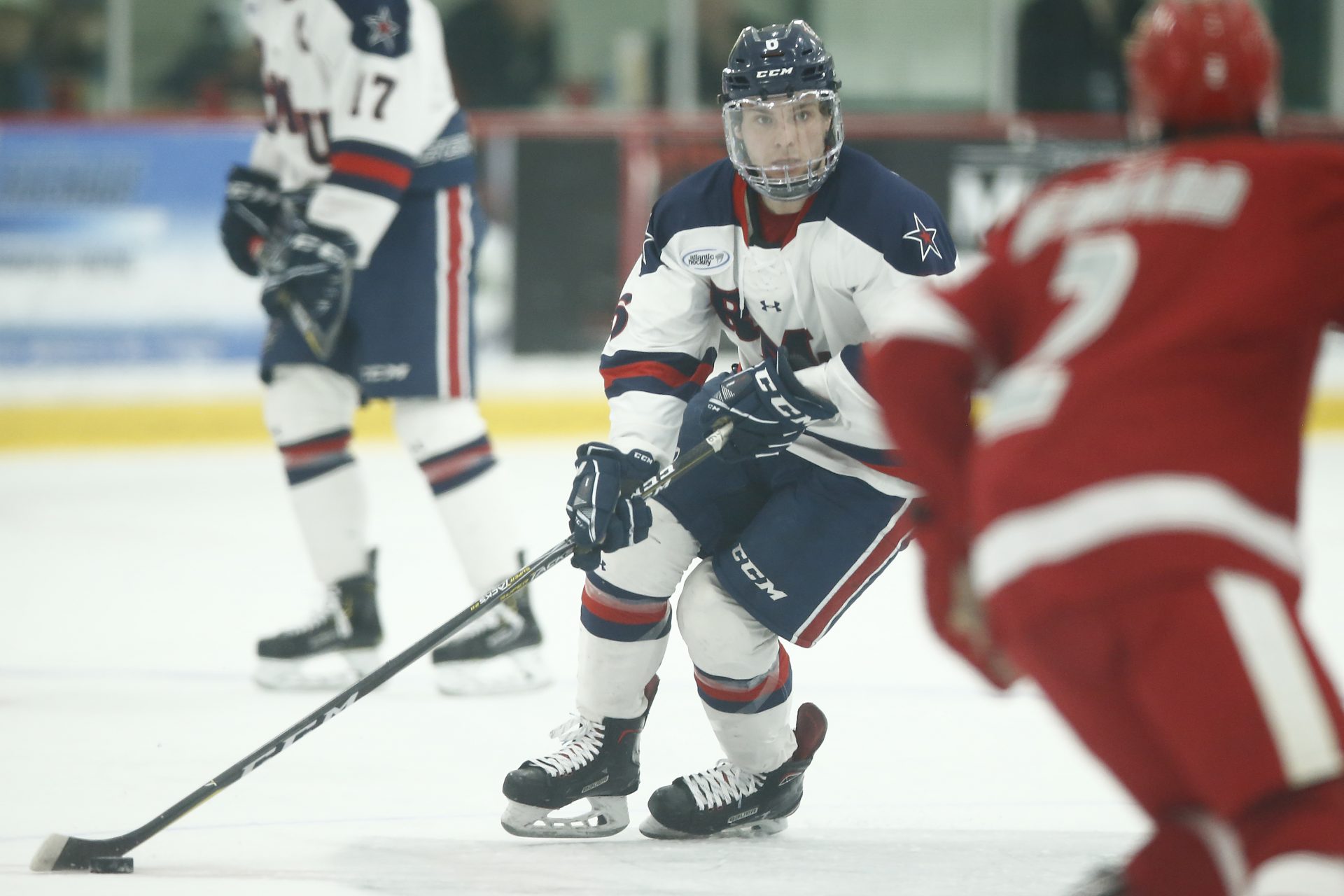 Nick Jenny of the Robert Morris Colonials carries the puck during a Robert Morris University and Sacred Heart University NCAA hockey game on Friday, Feb.1, 2019 in Pittsburgh