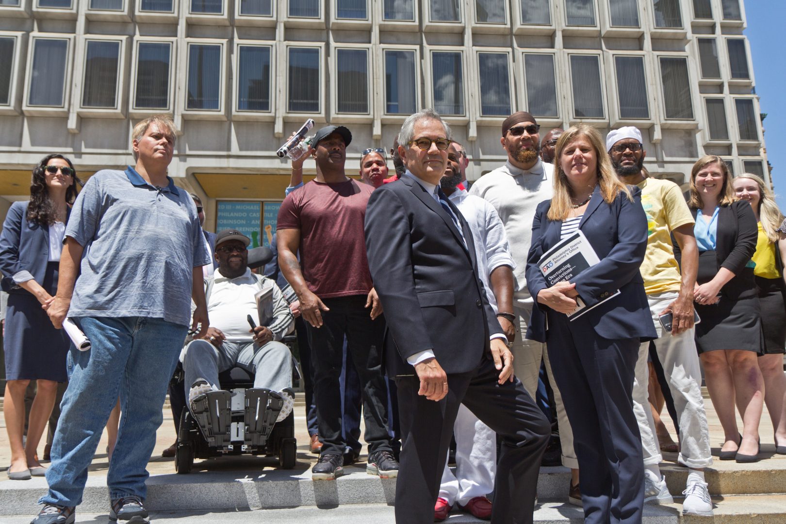 Philadelphia District Attorney Larry Krasner, the office’s CIU (Conviction Integrity Unit), and exonerees stood at the site of the statue of former Philadelphia Mayor Frank Rizzo, which was removed from Thomas Paine Plaza last year, calling the release of a report on wrongful convictions in the city on June 15, 2021, “an end of an era.”