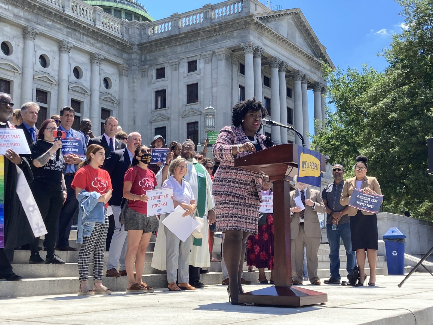 Rep. Joanna McClinton (D-Philadelphia) speaks at a rally organized by the Pennsylvania Budget and Policy Center demanding lawmakers use a surplus $10 billion in state and federal money to support underfunded schools and essential workers at the State Capitol building on June 23rd.  