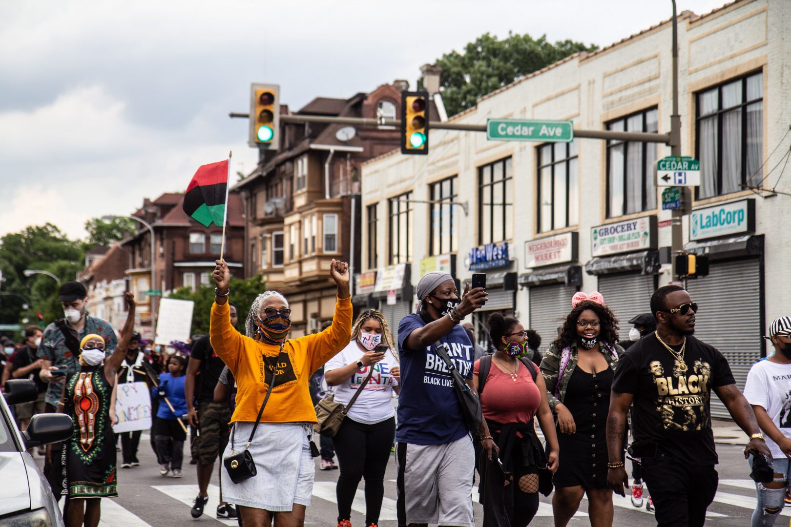 Protesters with the Black Lives Matter march down Pine Street on Juneteenth in West Philly.
