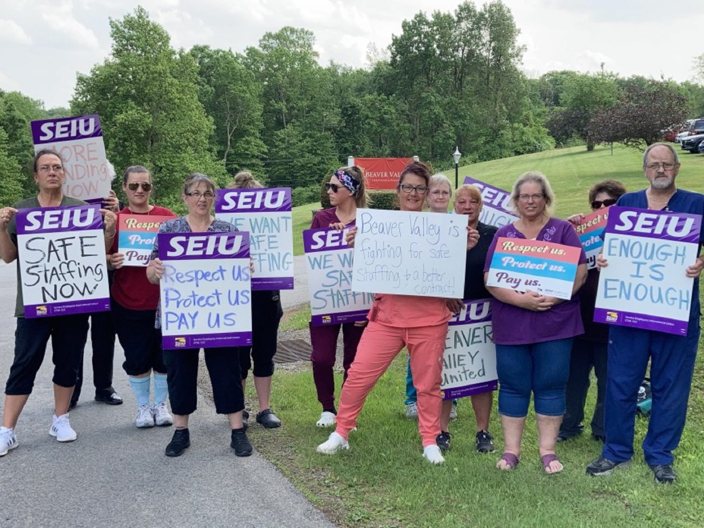 Nursing home workers rally for better working conditions near the Beaver Valley Heathcare and Rehabilitation Center on Tuesday, May 25, 2021.
