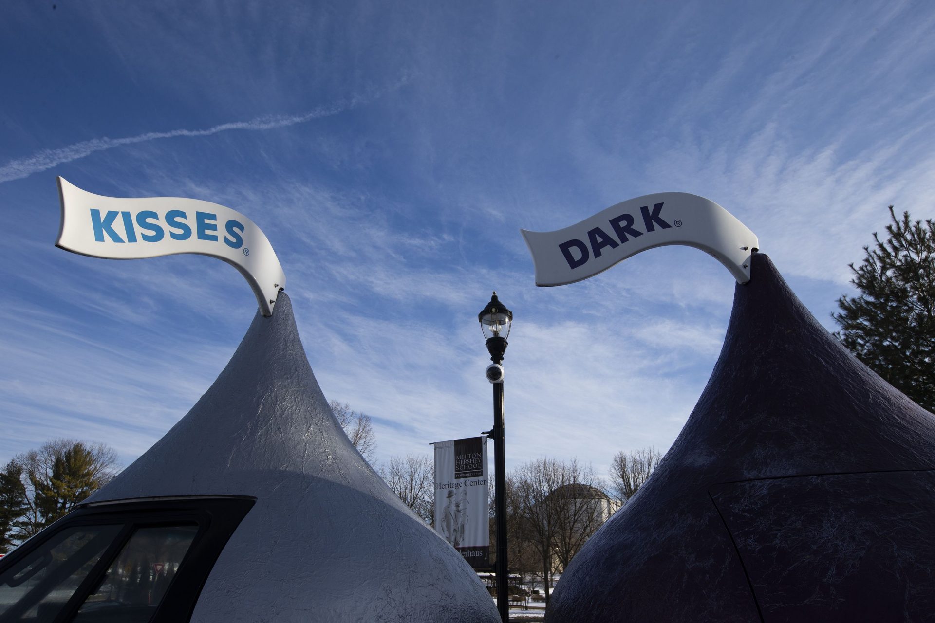 The Hershey Kissmobile sits in a school parking lot in 2021. The school benefits from the profits from the immensely popular chocolate company.