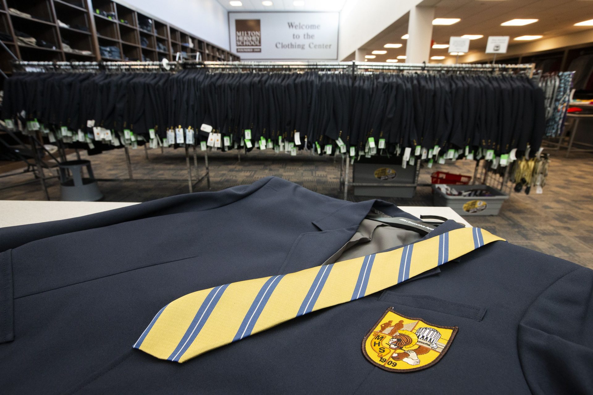 A tie and blazer at the school’s supply center. Students must wear uniforms during the school day.