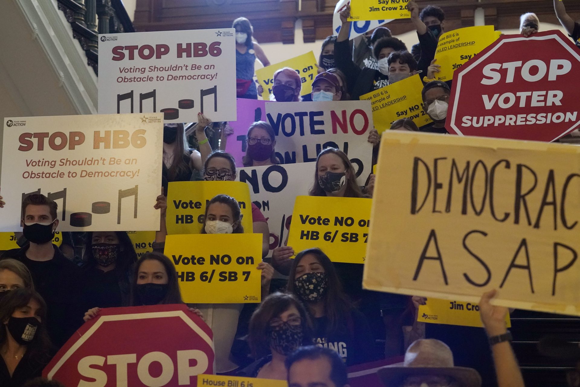 In this May 6, 2021 file photo, a group opposing new voter legislation gather outside the House Chamber at the Texas Capitol in Austin, Texas. Texas Republicans dug in Saturday, May 29