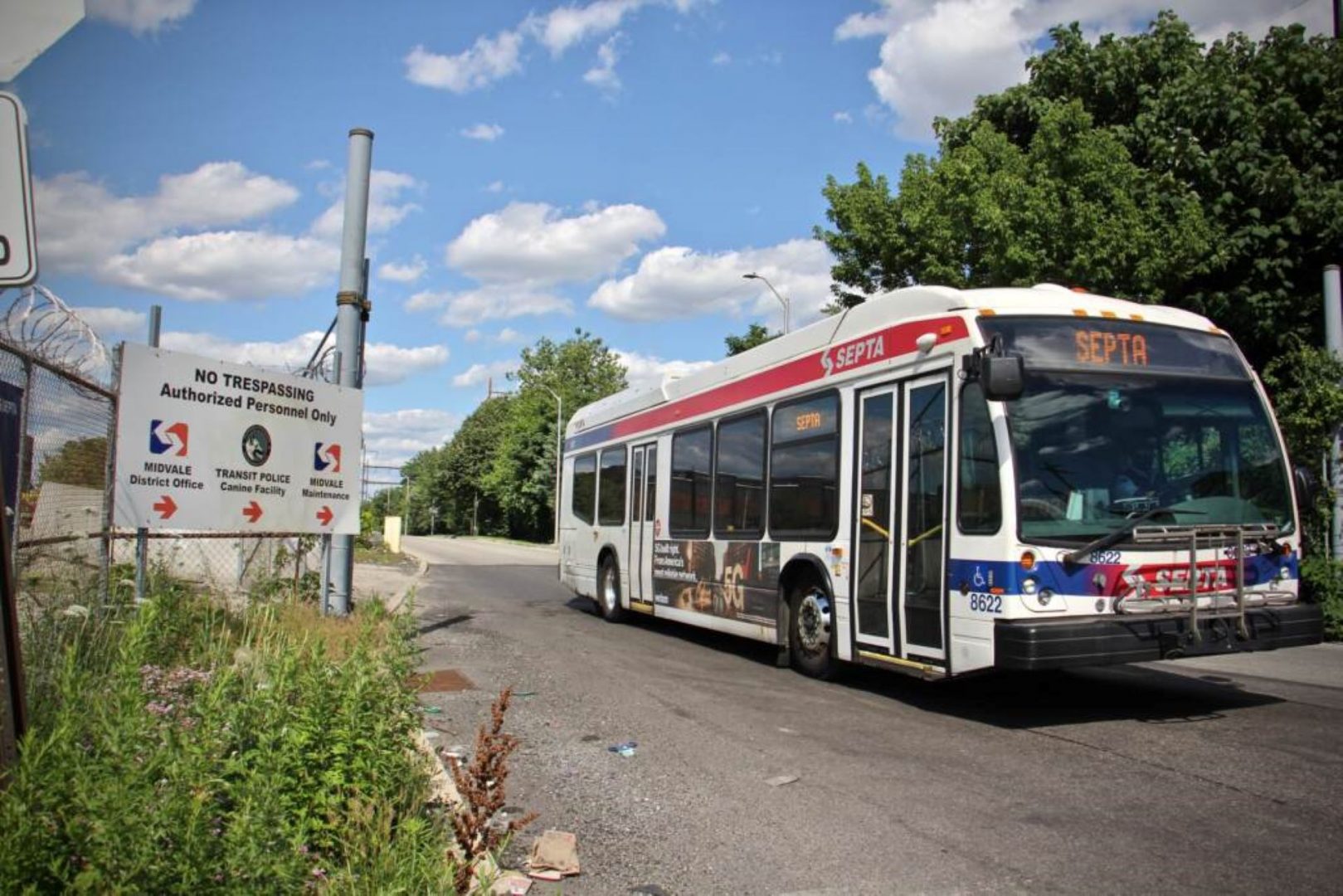 A bus leaves the Midvale depot in Nicetown, where SEPTA operates a natural gas burning generation plant.